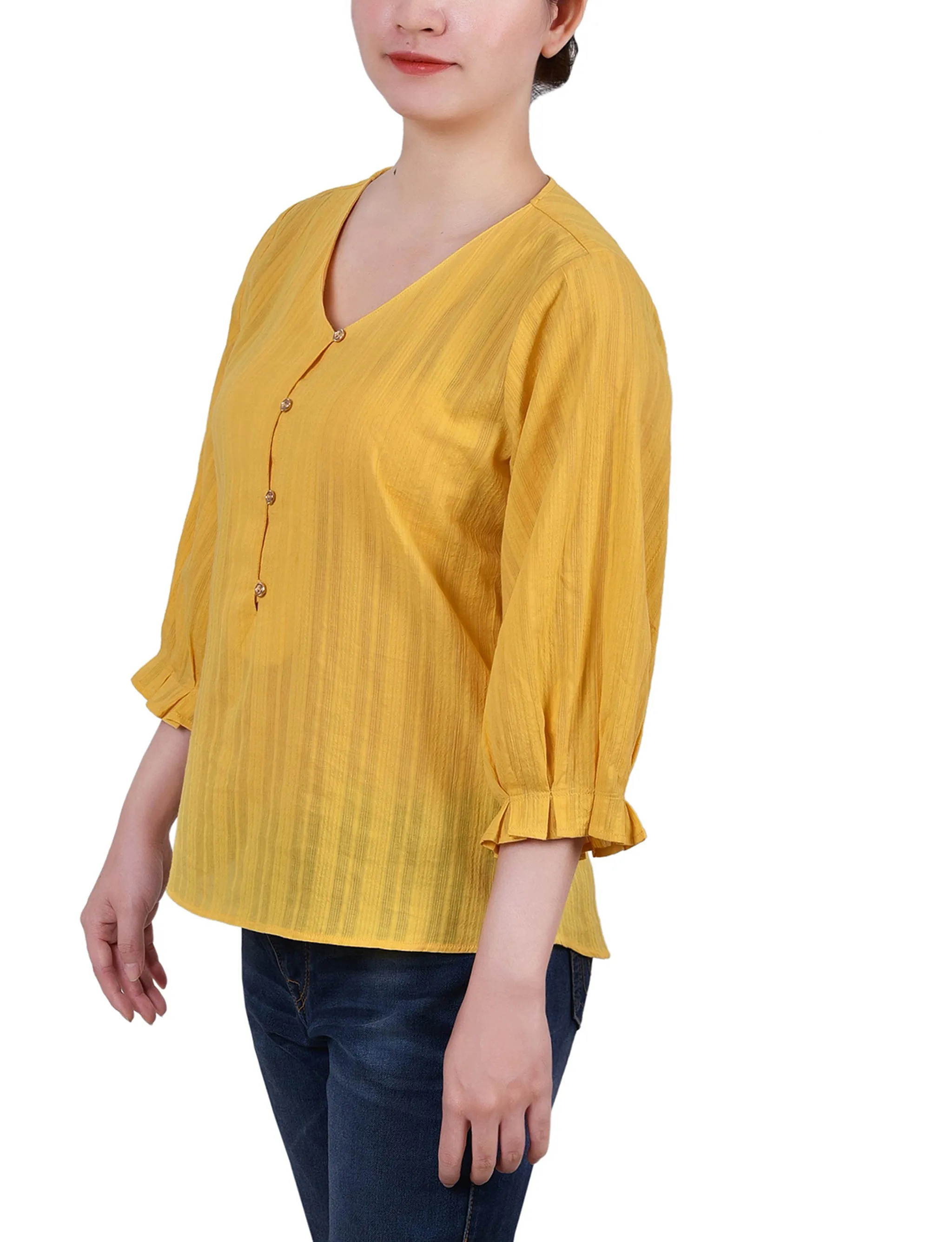 Yellow 3/4 Sleeve Button Placket Jacquard Blouse - Petite sold by Dress Barn product image thumbnail 3