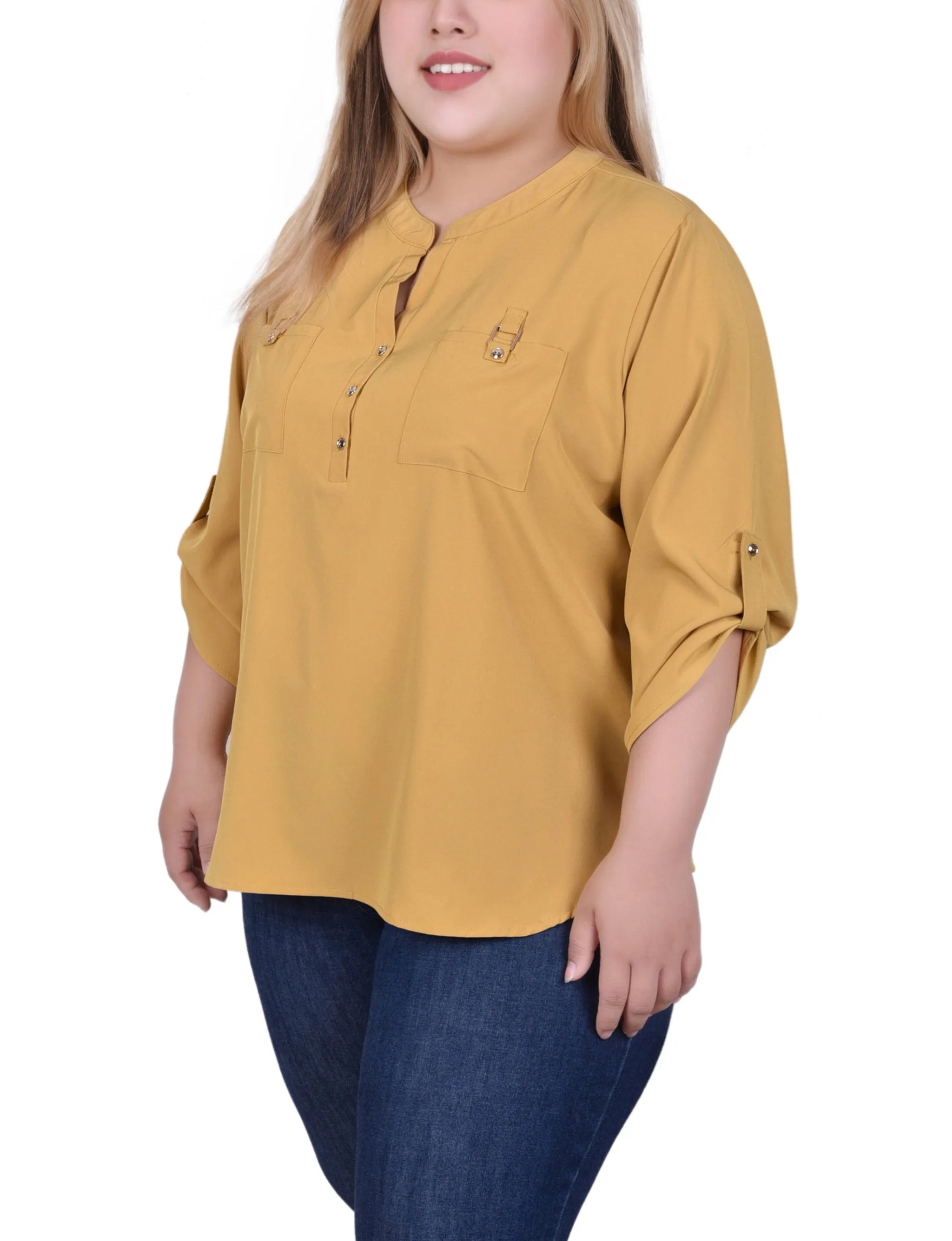 Yellow 3/4 Tabbed Sleeve Y Neck Blouse - Plus Size sold by Dress Barn product image thumbnail 2