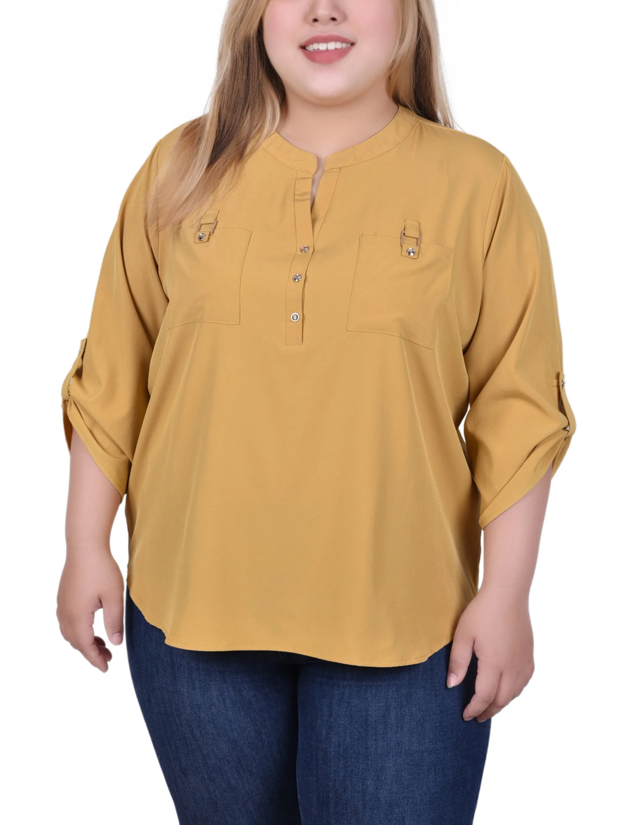 Yellow 3/4 Tabbed Sleeve Y Neck Blouse - Plus Size sold by Dress Barn