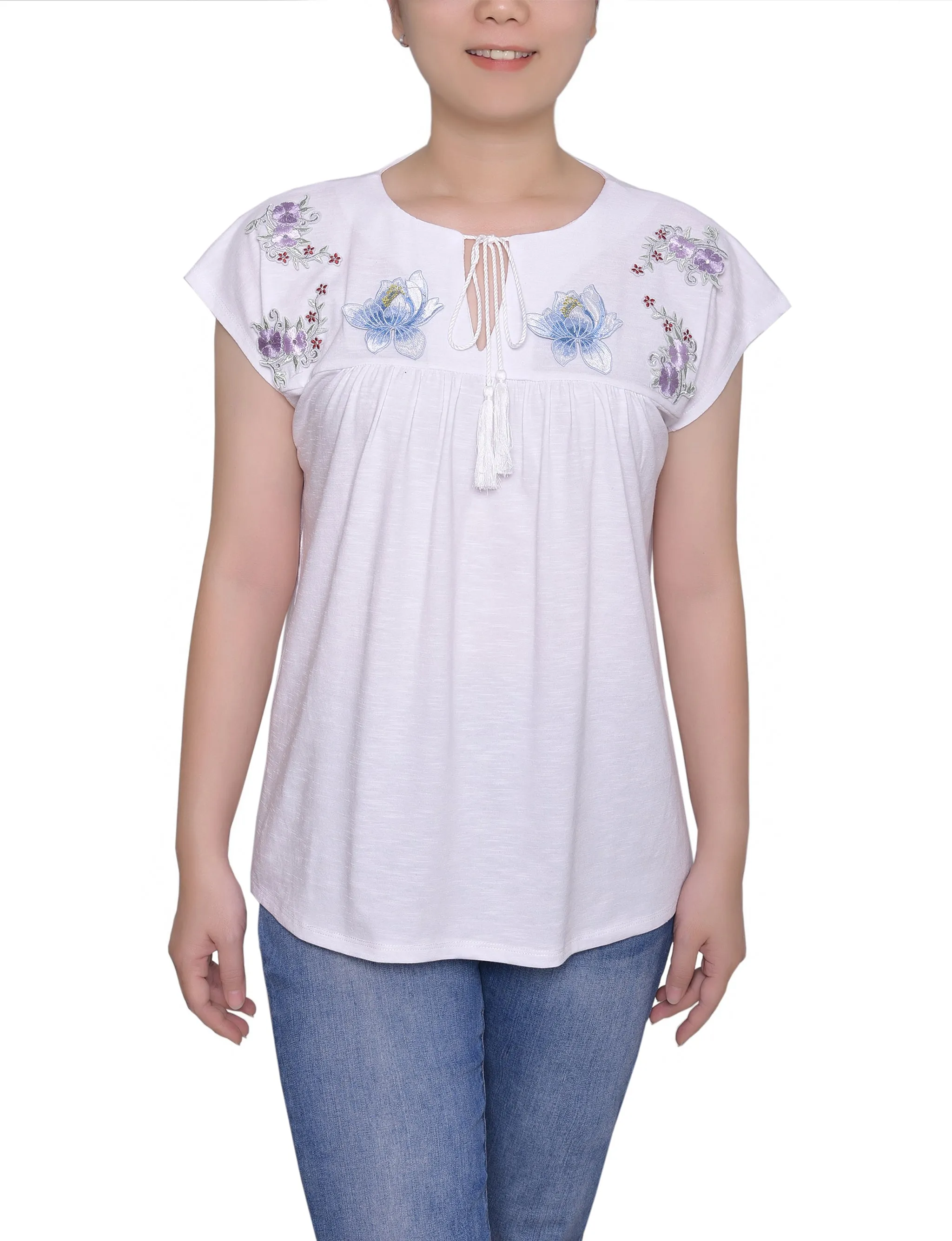 White Embroidered Yoke Extended Sleeve Top sold by Dress Barn