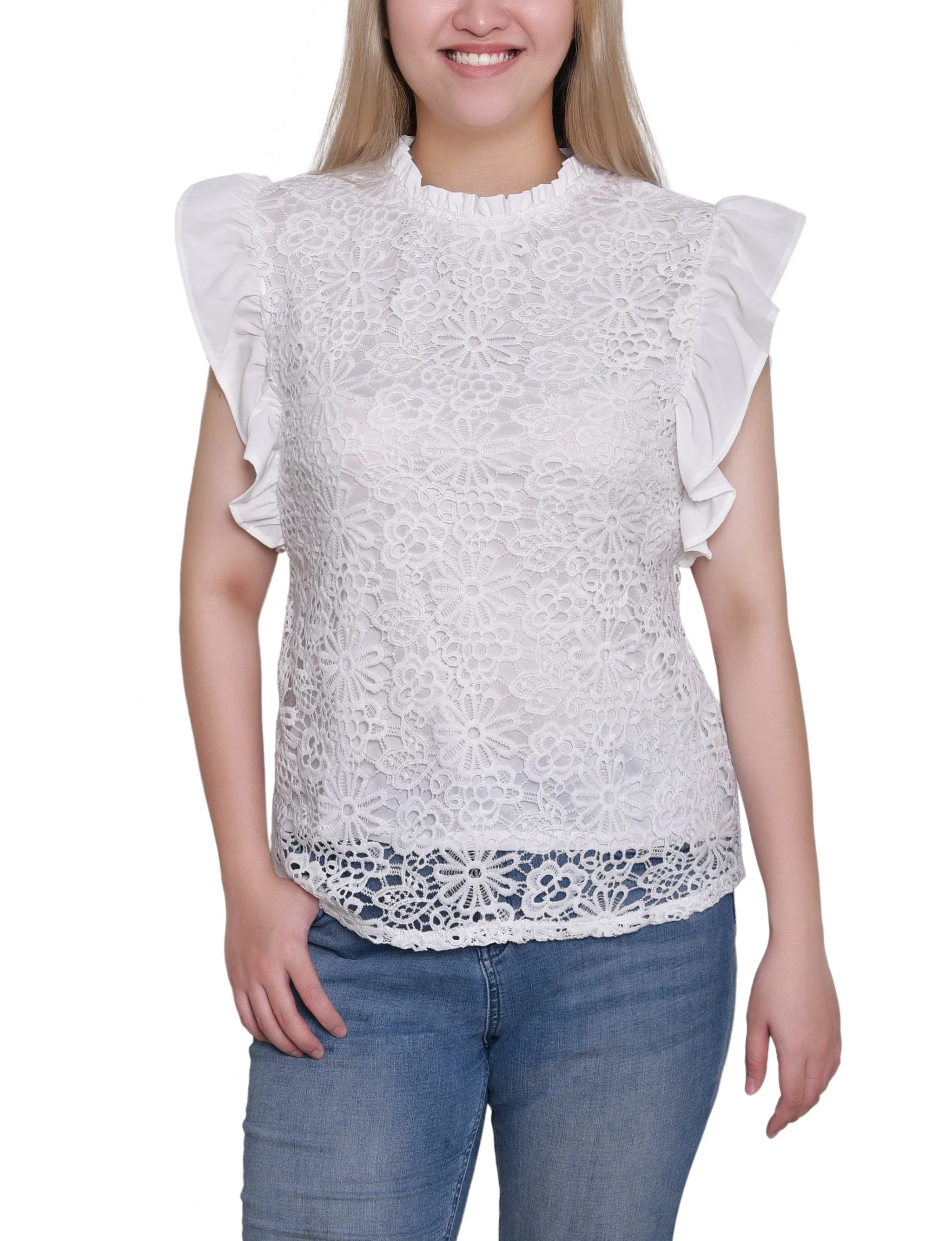 White Flutter Sleeve Lace Top - Petite sold by Dress Barn