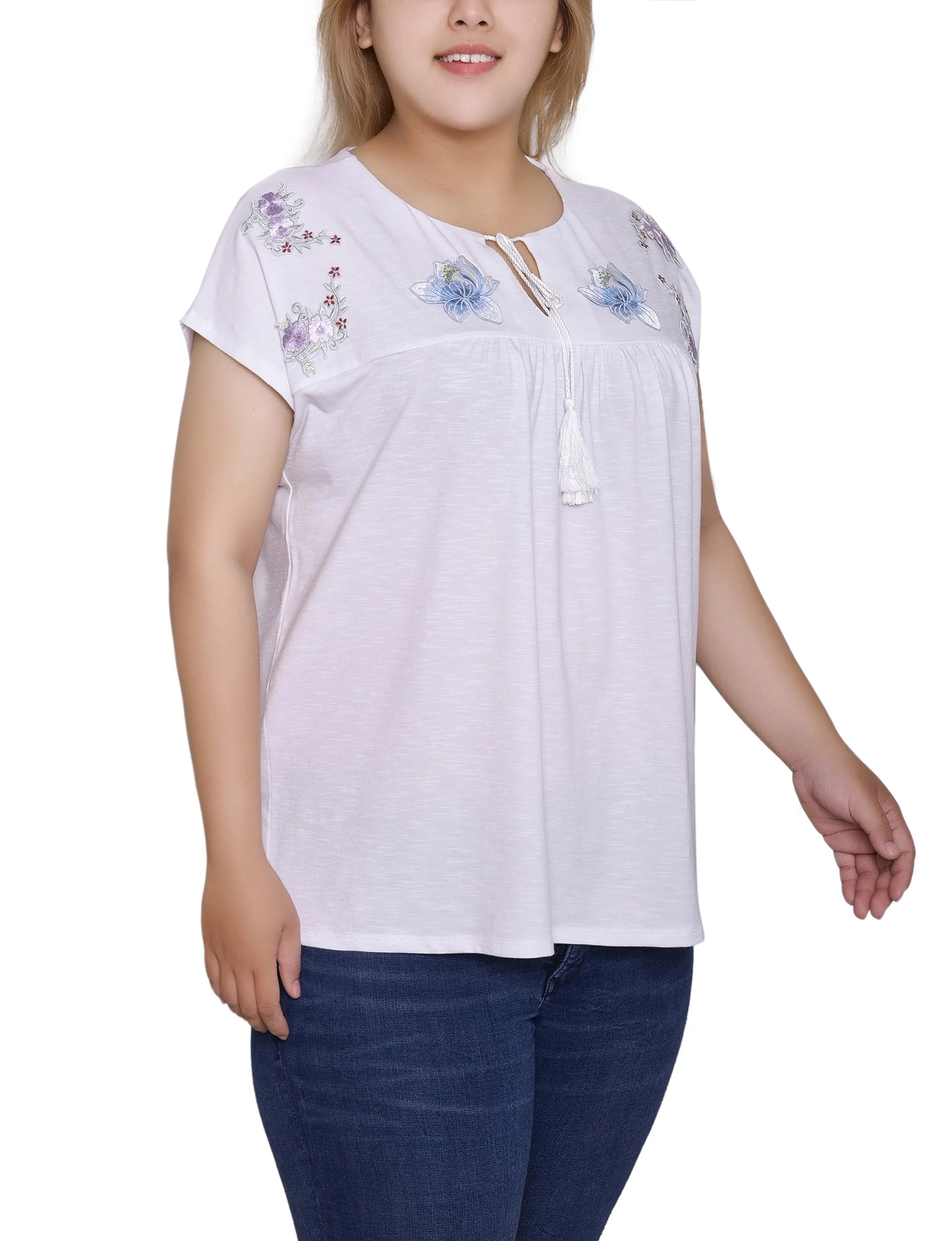 White Embroidered Yoke Extended Sleeve Top - Plus sold by Dress Barn product image thumbnail 2