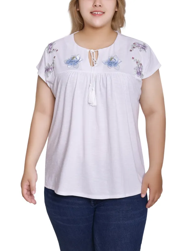 White Embroidered Yoke Extended Sleeve Top - Plus sold by Dress Barn