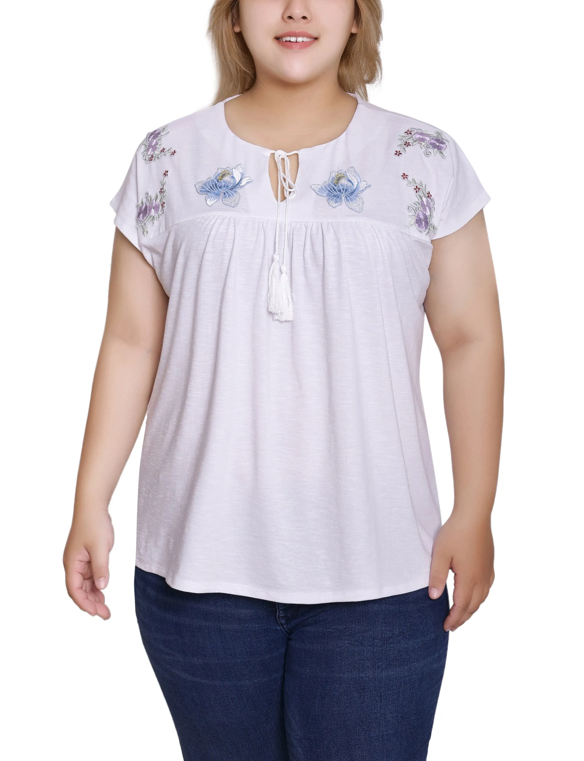 White Embroidered Yoke Extended Sleeve Top - Plus sold by Dress Barn