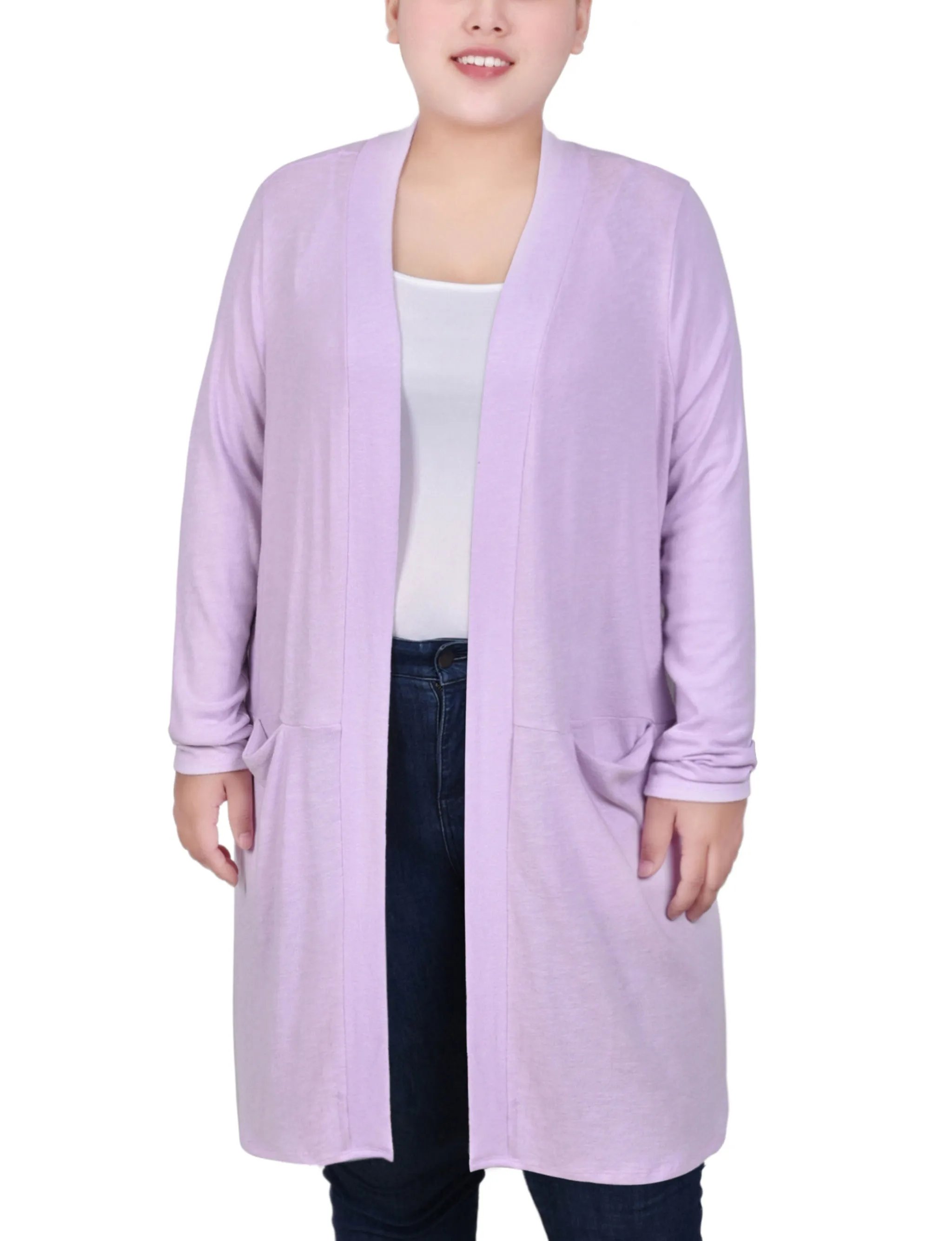 Lavender Long Sleeve Knee Length Cardigan - Plus sold by Dress Barn