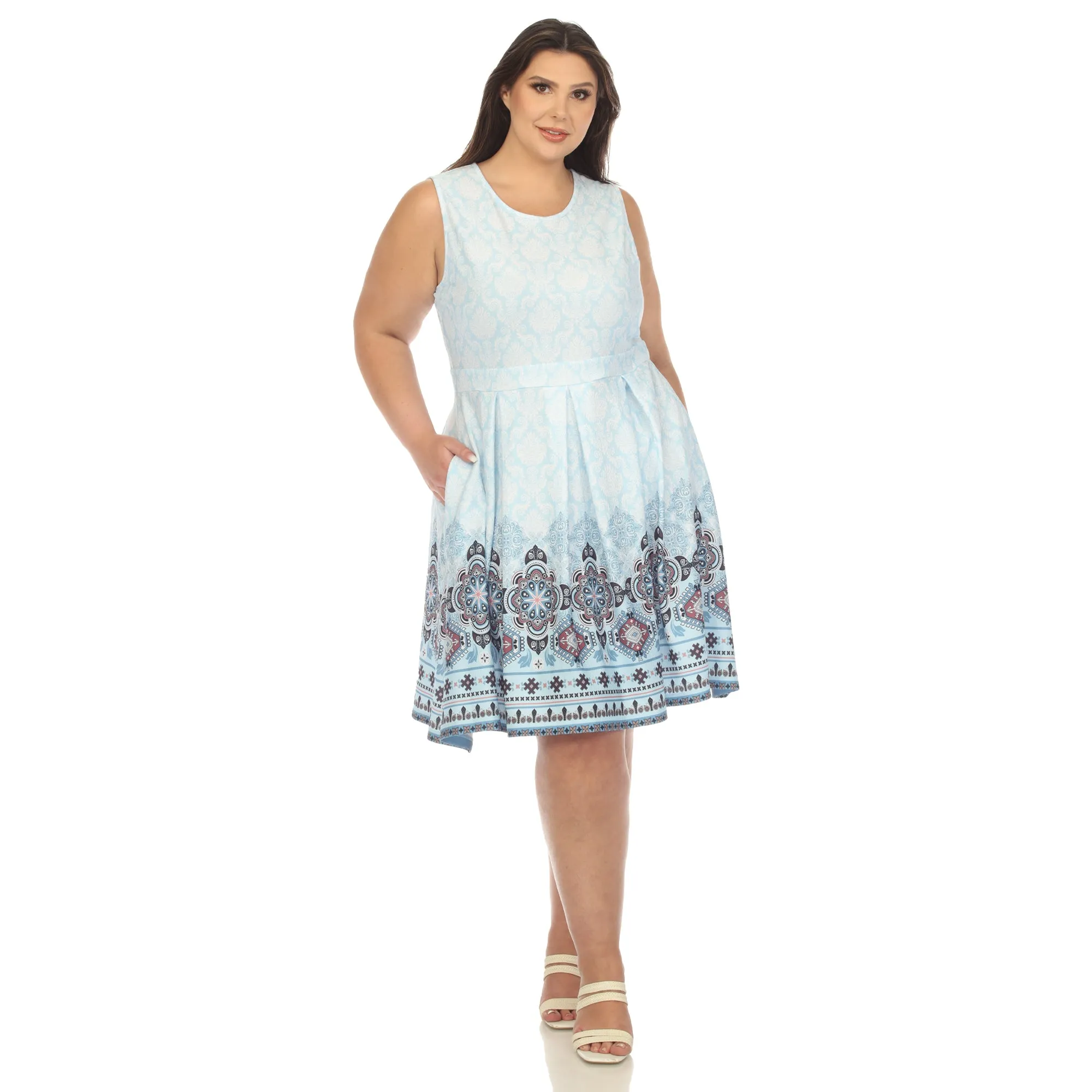 Blue Border Print Fit and Flare Knee Length Dress - Plus sold by Dress Barn