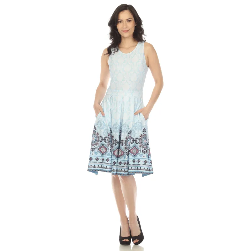 Blue Border Print Fit and Flare Knee Length Dress sold by Dress Barn