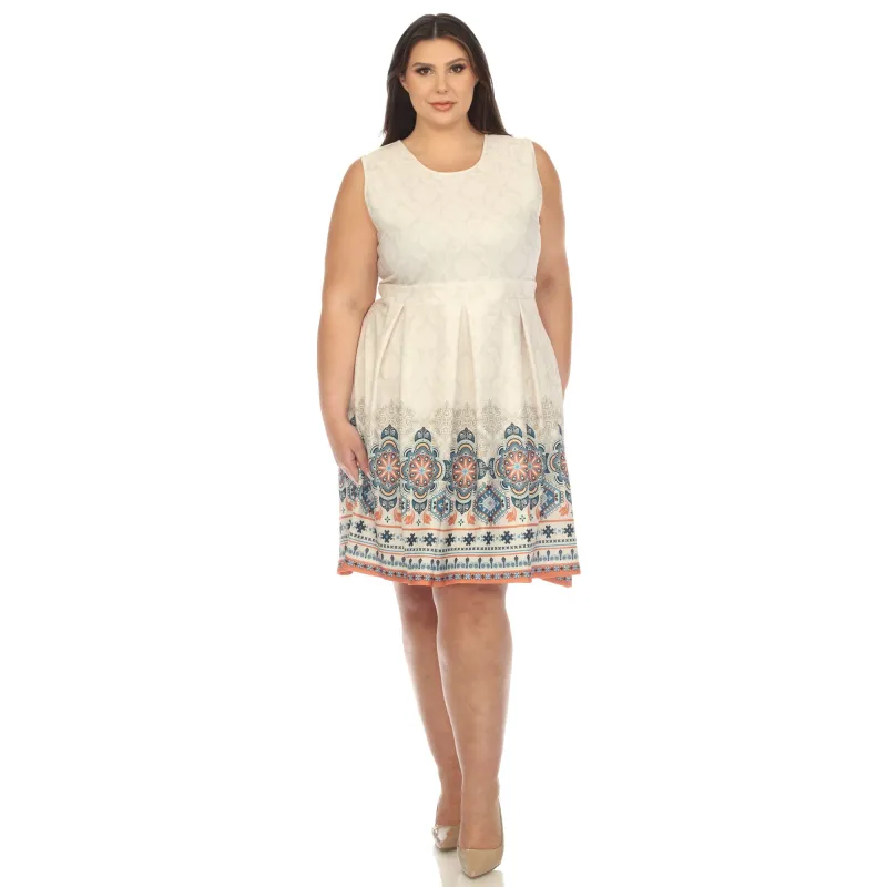 Beige Border Print Fit and Flare Knee Length Dress - Plus sold by Dress Barn
