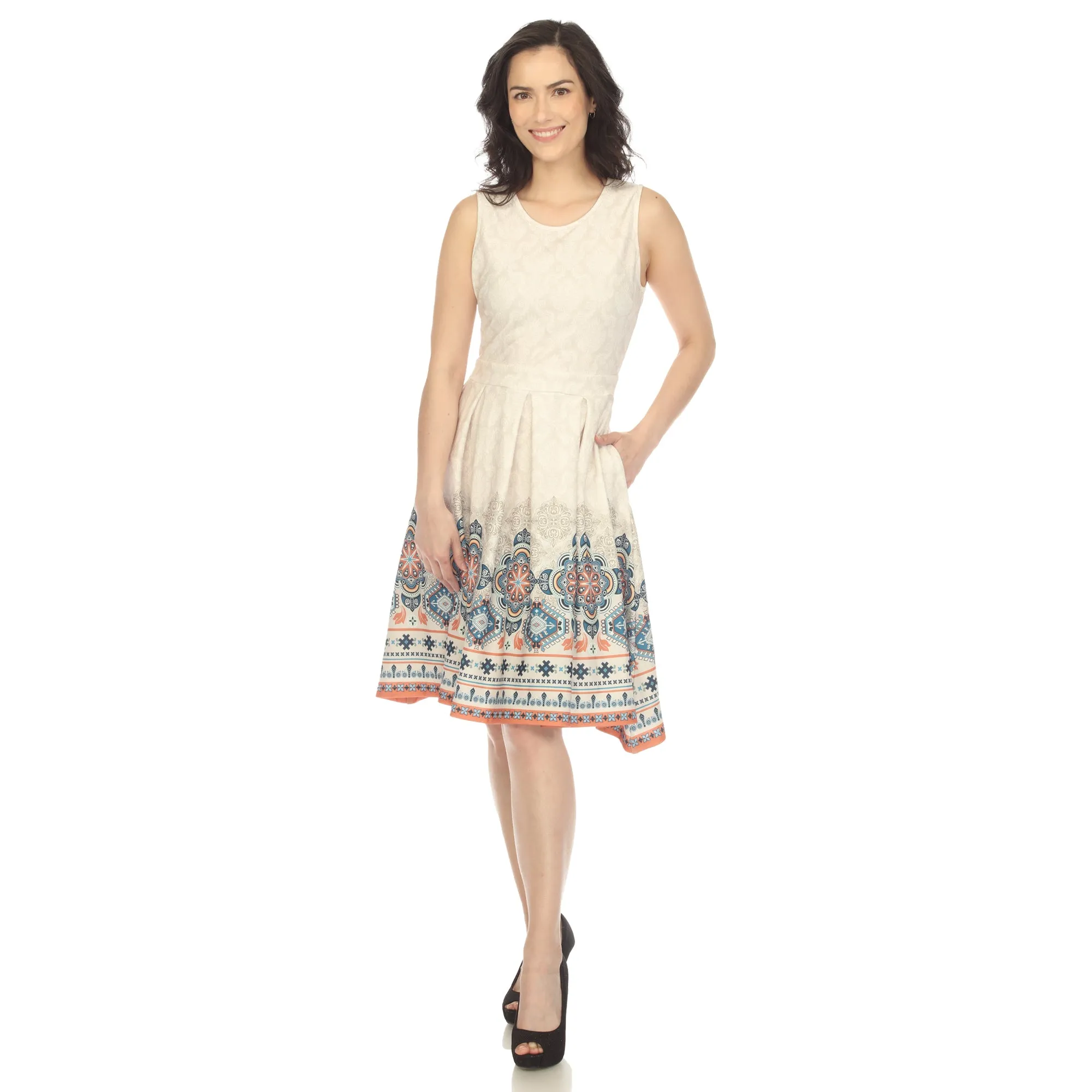Beige Border Print Fit and Flare Knee Length Dress sold by Dress Barn