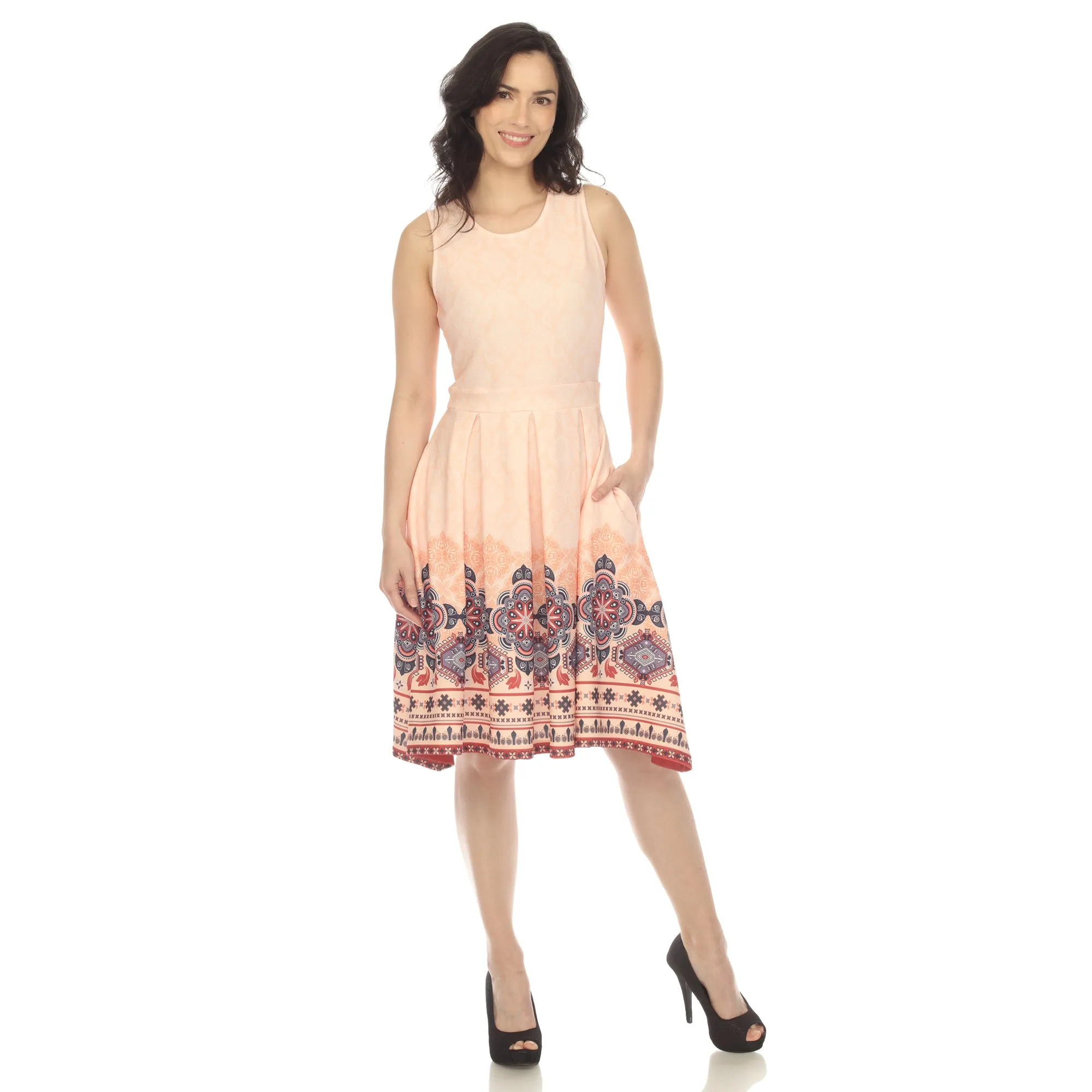Orange Border Print Fit and Flare Knee Length Dress sold by Dress Barn