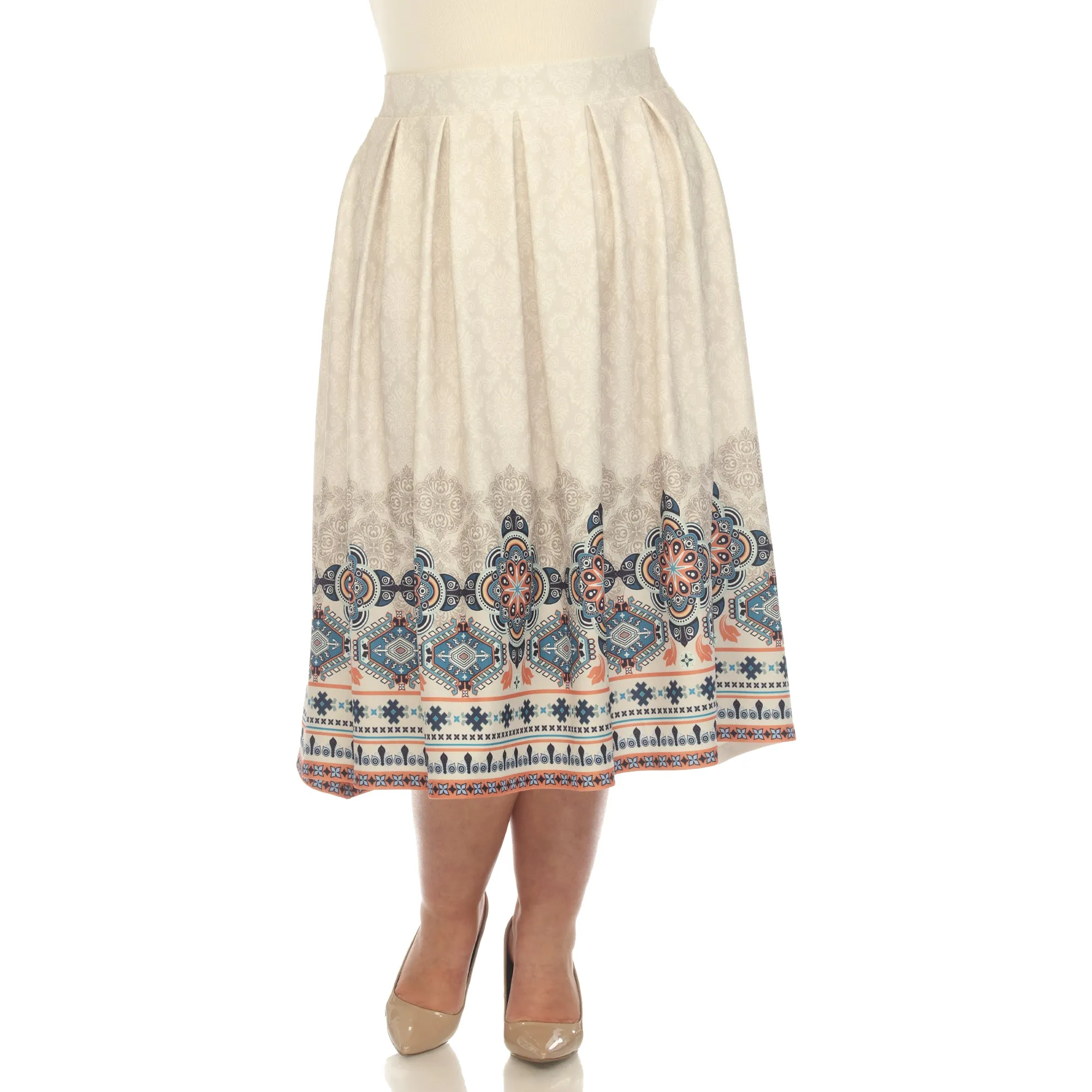 Beige Pleated Skirt with Border Prints - Plus sold by Dress Barn