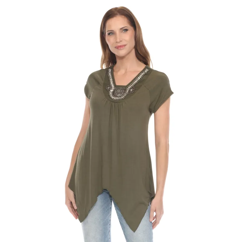 Olive Beaded Angled Hem Knit Top sold by Dress Barn