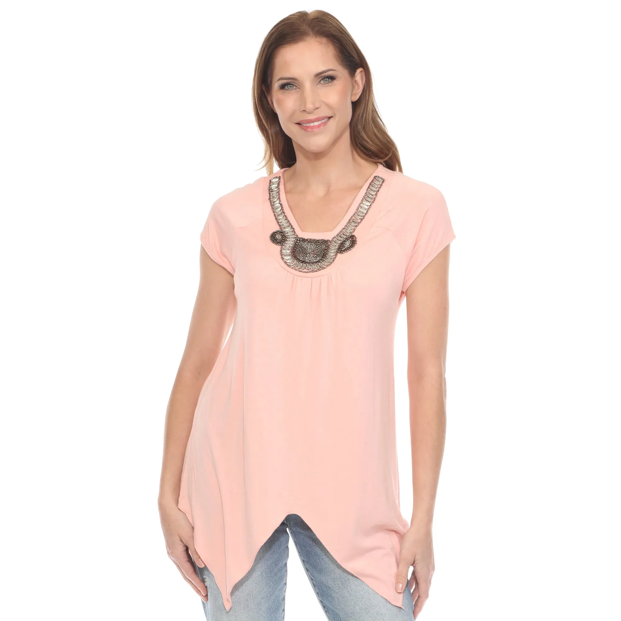 Coral Pink Beaded Angled Hem Knit Top sold by Dress Barn