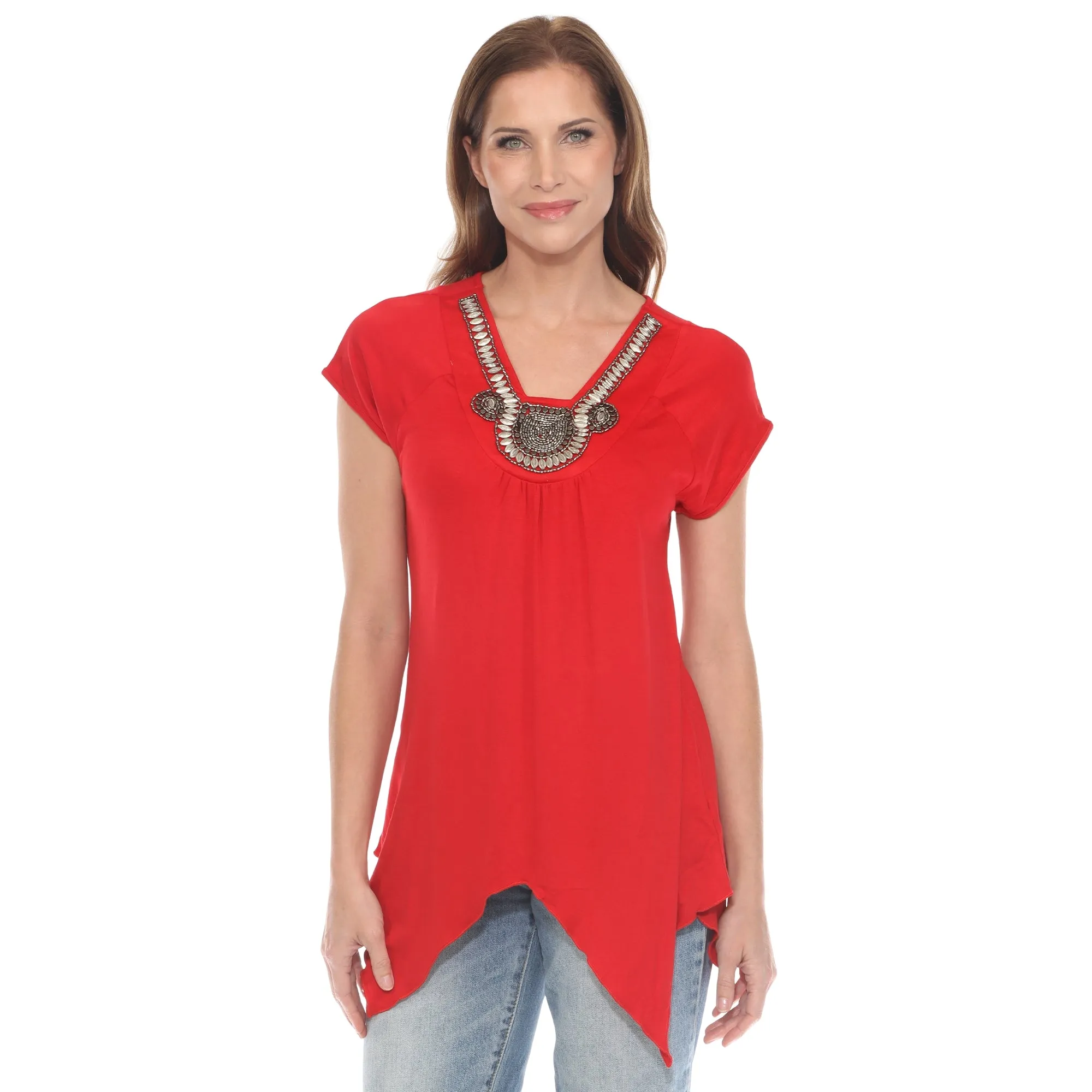 Red Beaded Angled Hem Knit Top sold by Dress Barn