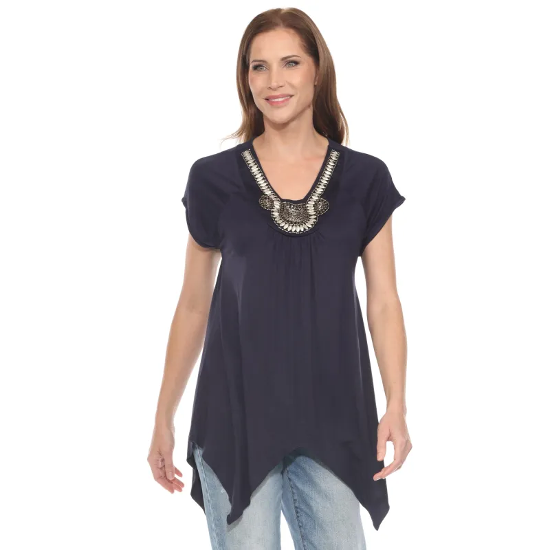 Navy Beaded Angled Hem Knit Top sold by Dress Barn