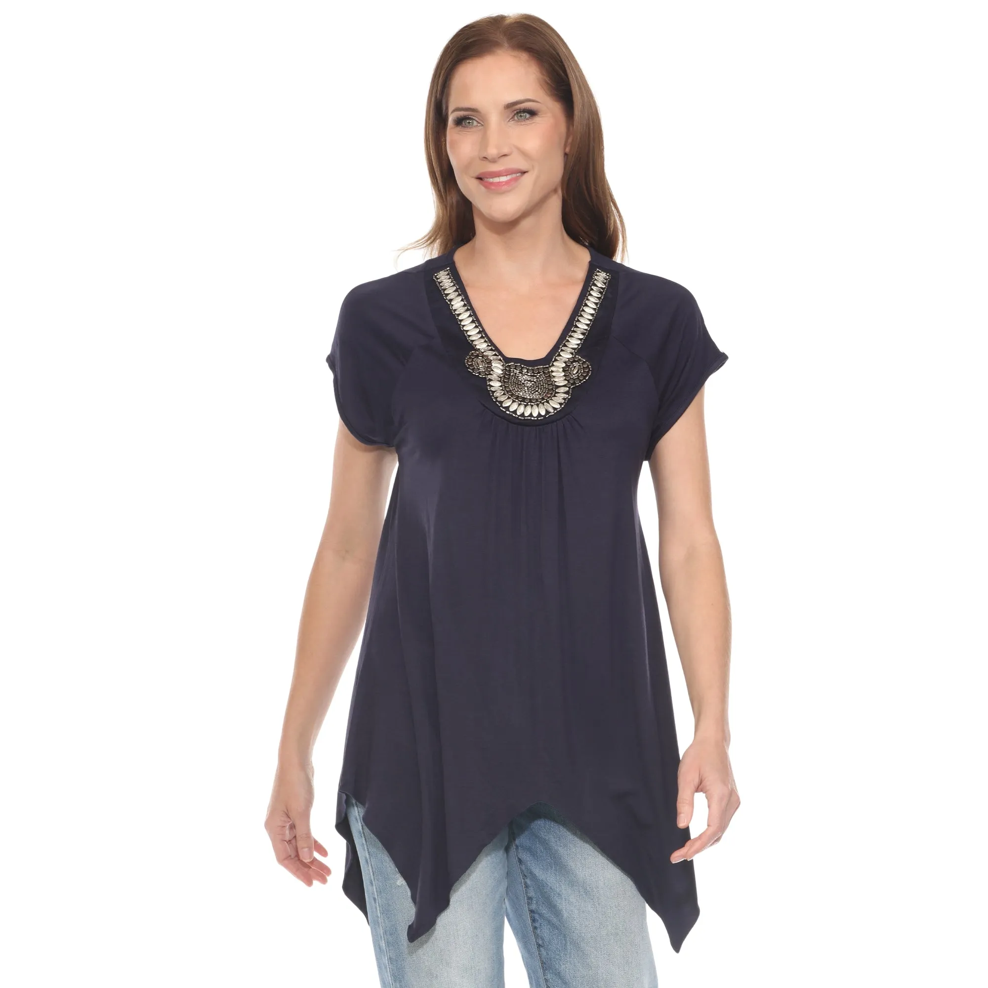 Navy Beaded Angled Hem Knit Top sold by Dress Barn