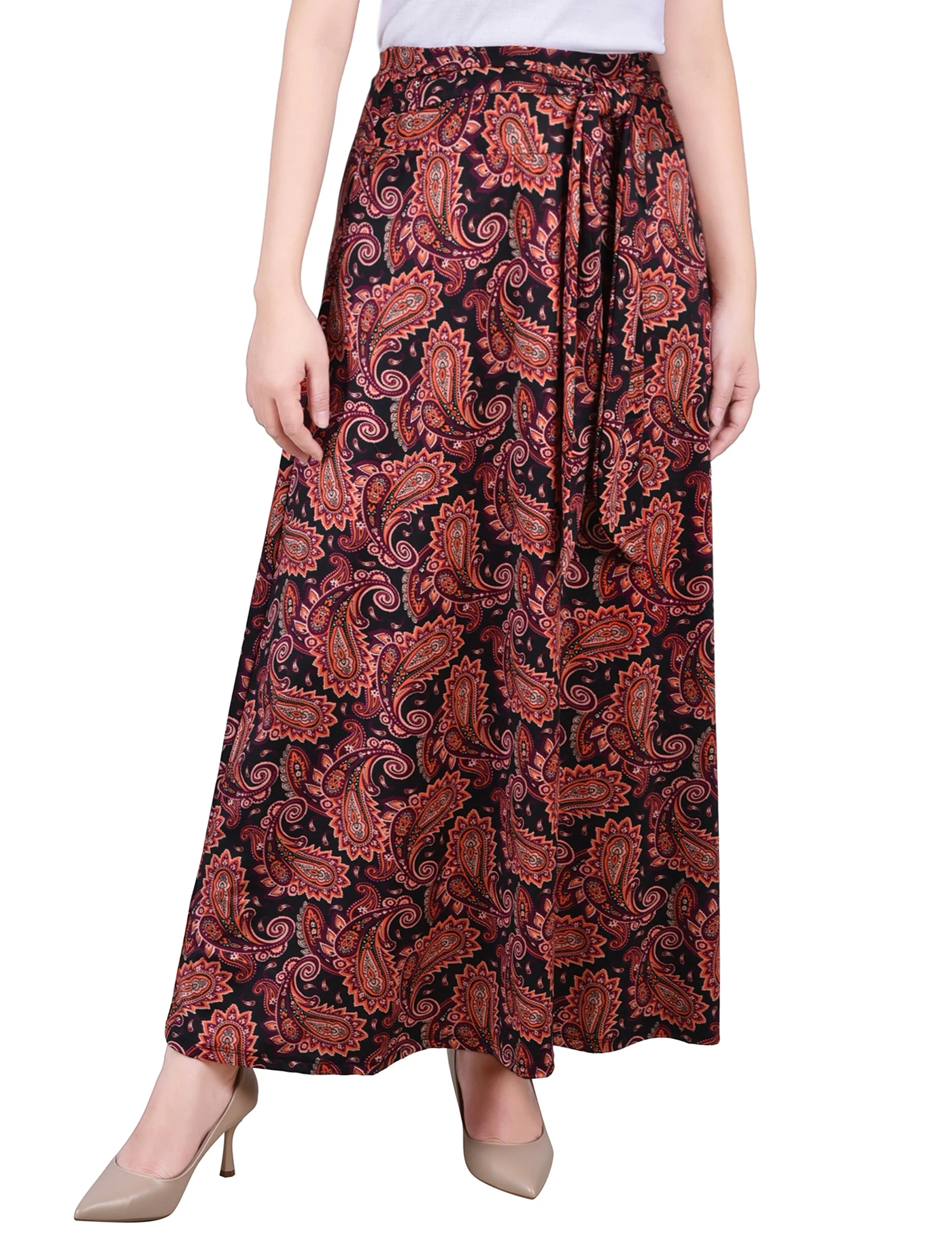 Black Wine Paisley Maxi Skirt With Sash Waist Tie sold by Dress Barn