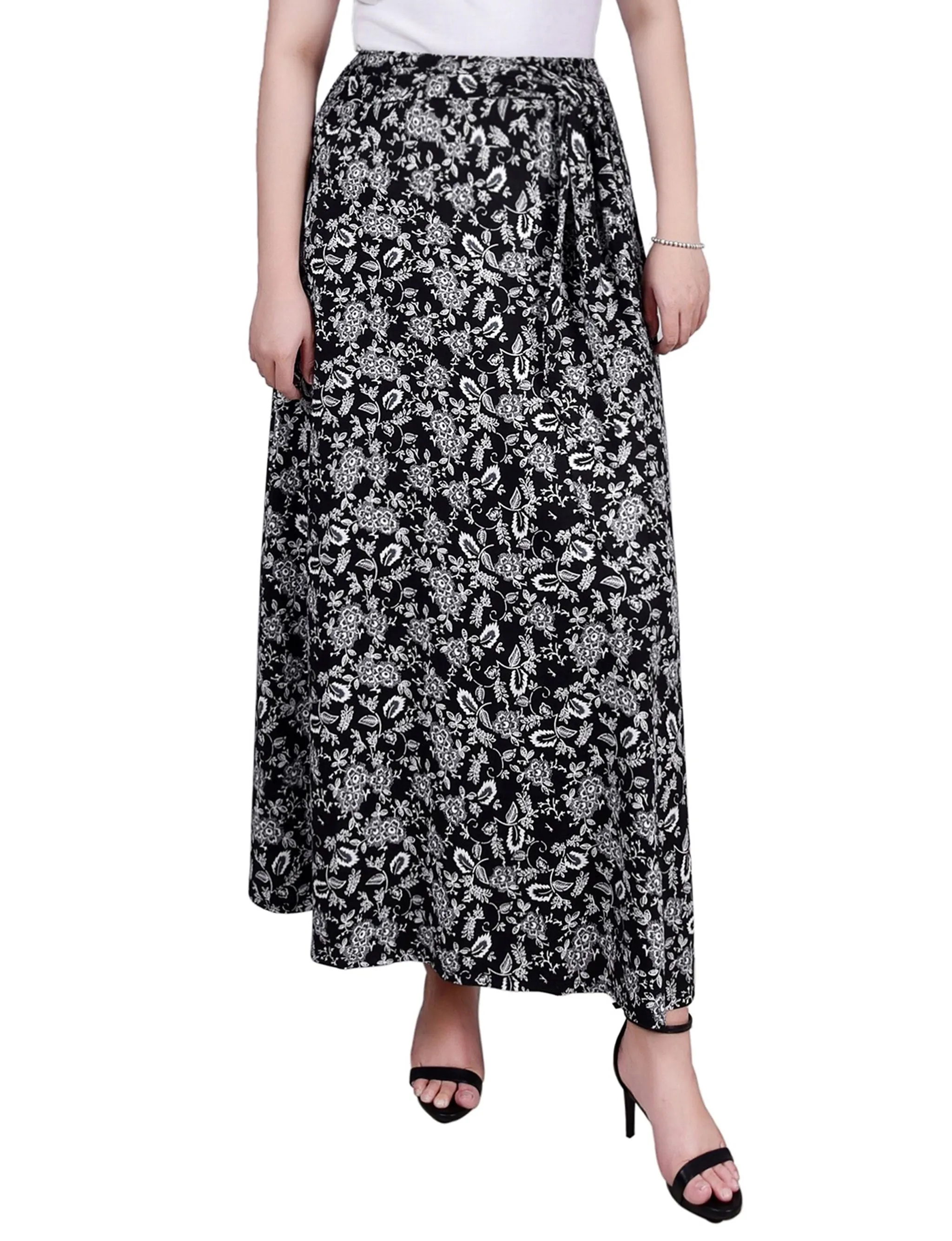 Black White Grey Floral Maxi Skirt With Sash Waist Tie sold by Dress Barn