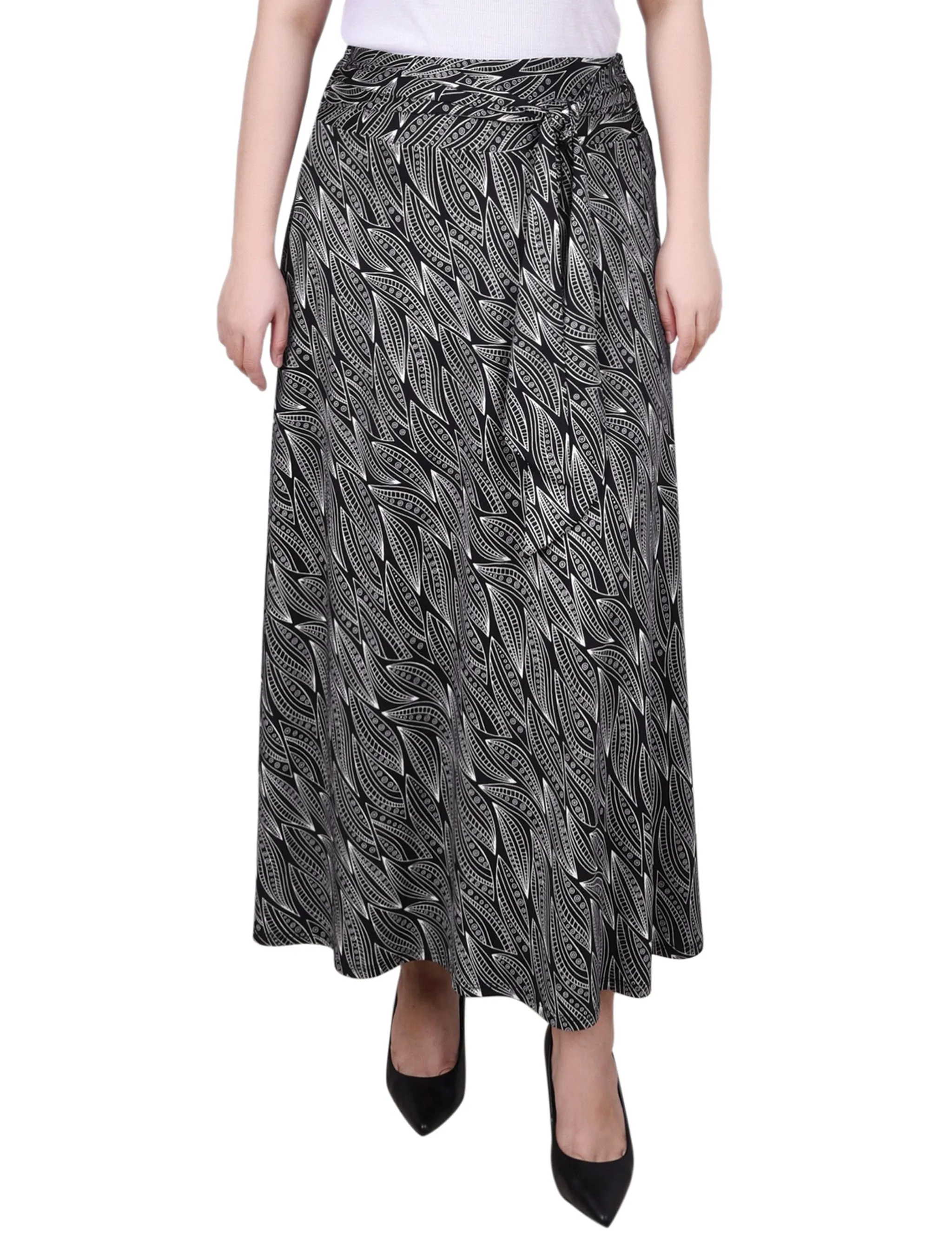 Black White Light Leaves Maxi Skirt With Sash Waist Tie - Petite sold by Dress Barn