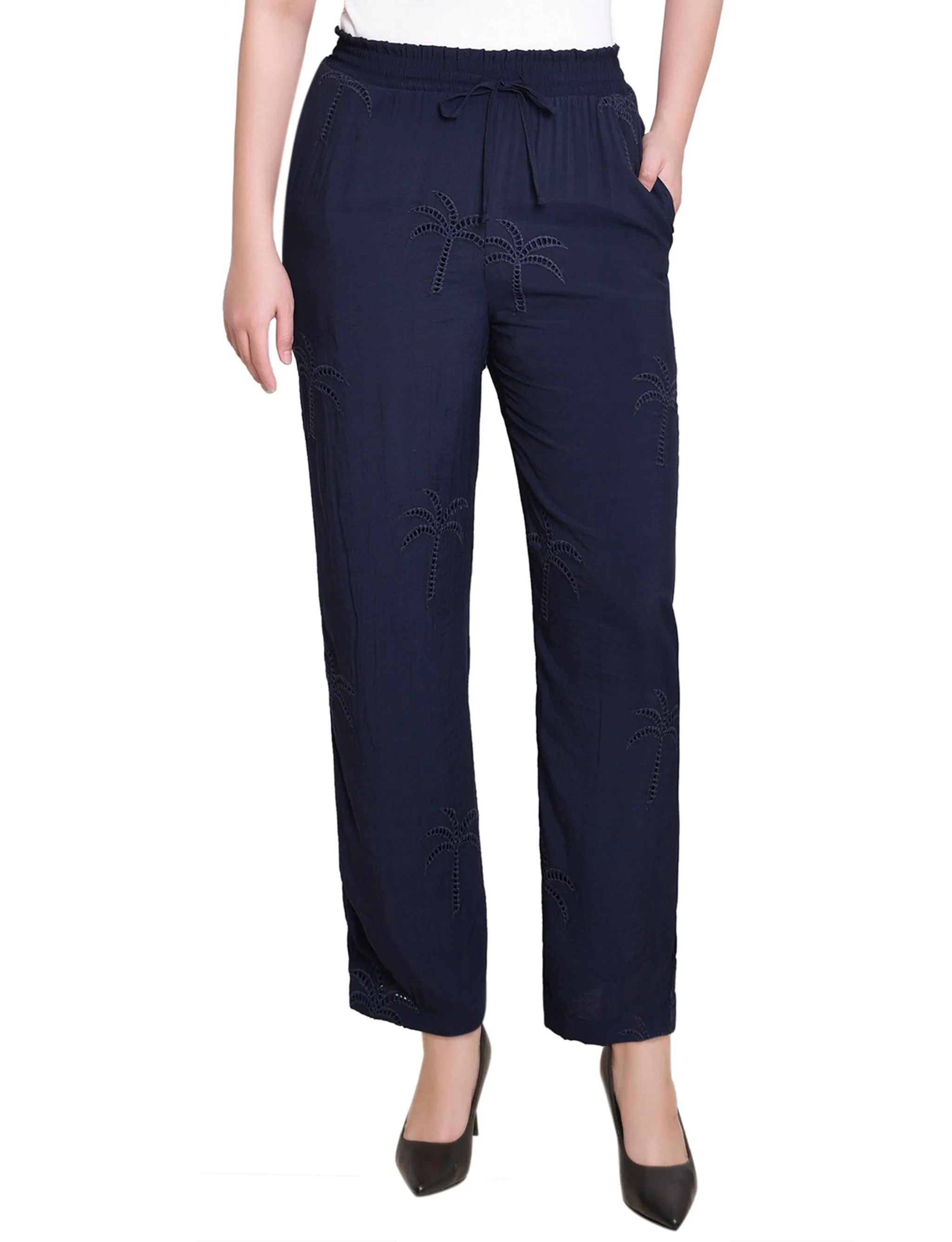 Navy Pull On Pants With Embroidery sold by Dress Barn
