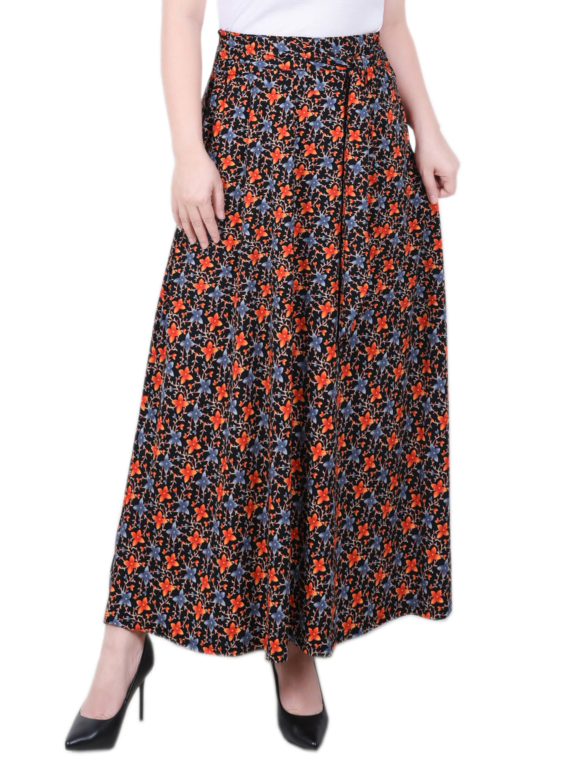 Black Orange Floral Maxi Skirt With Sash Waist Tie sold by Dress Barn