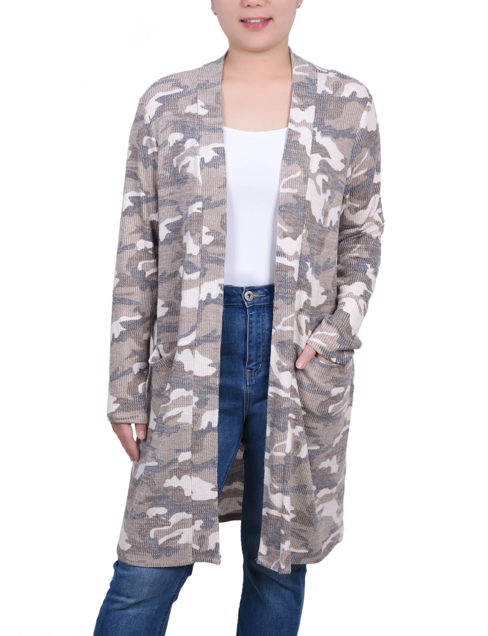 Tan Camo Long Sleeve Rib Knit Cardigan sold by Dress Barn