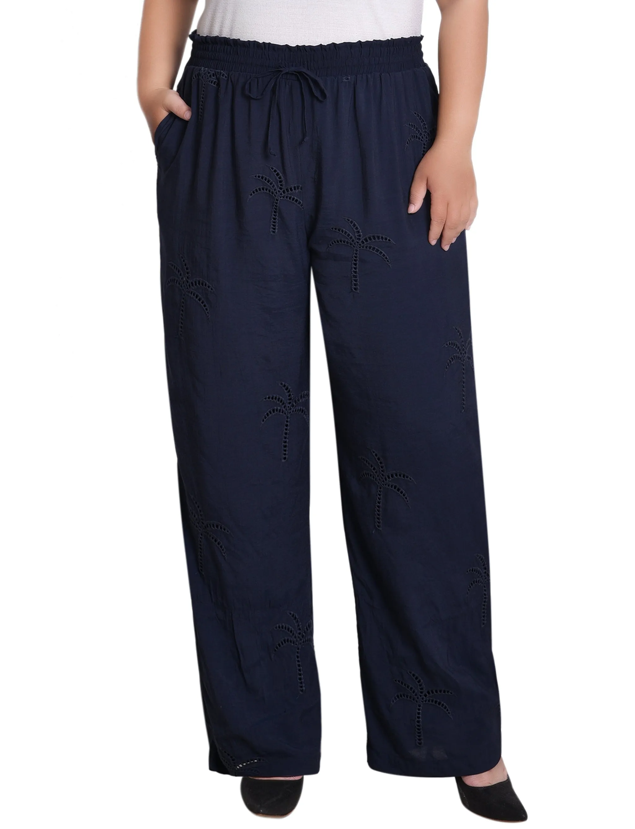 Navy Pull On Pants With Embroidery - Plus sold by Dress Barn