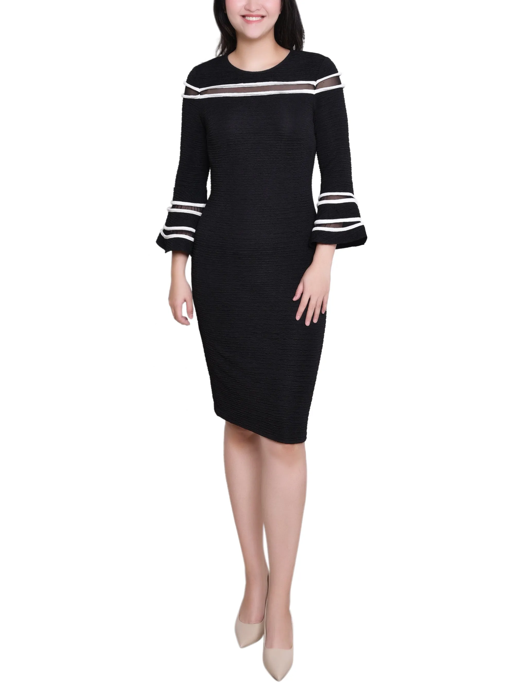 Black White Long Bell Sleeve Dress With Contrast Striping sold by Dress Barn