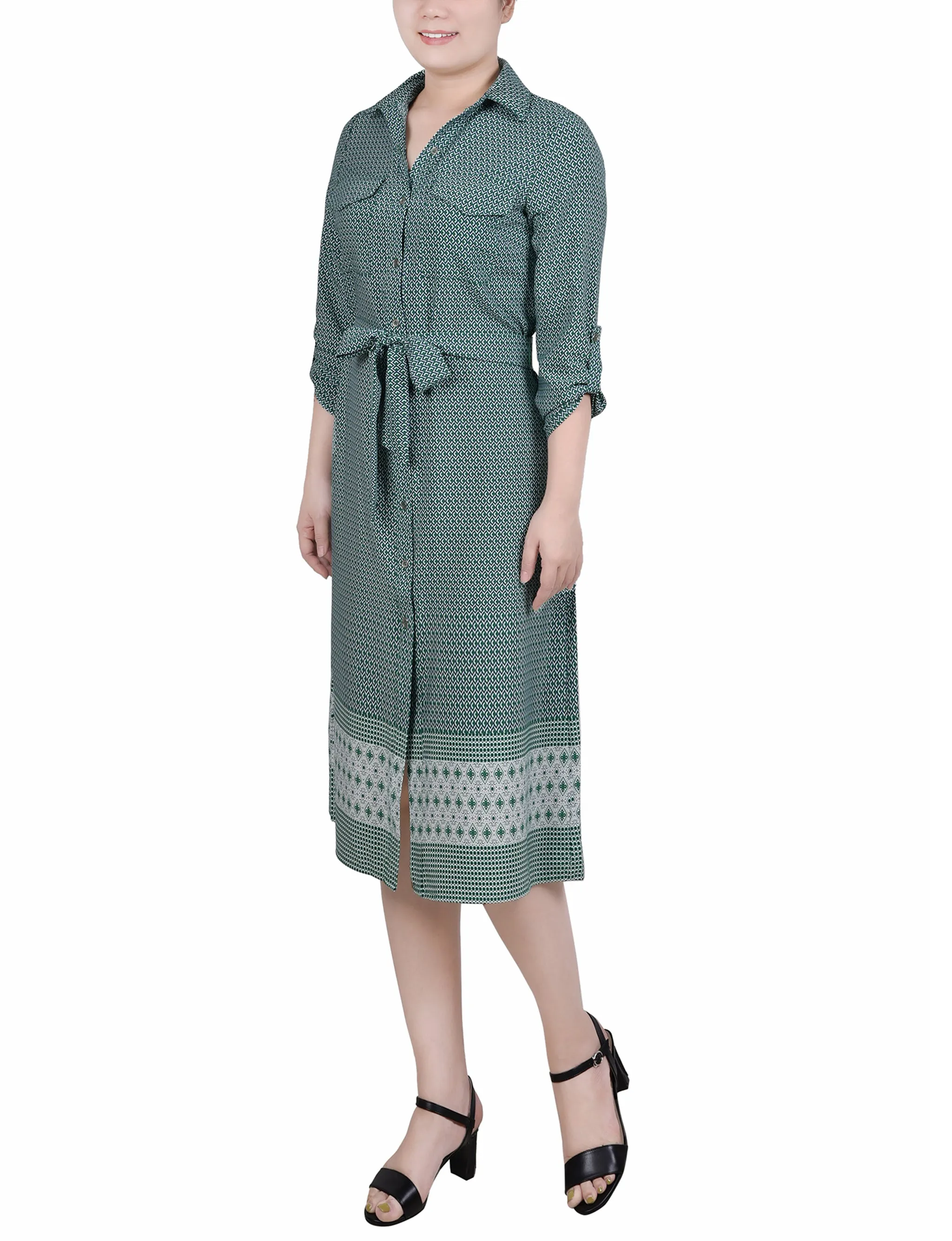 Black Chevron Border 3/4 Roll Tab Sleeve Belted Shirtdress sold by Dress Barn product image thumbnail 2