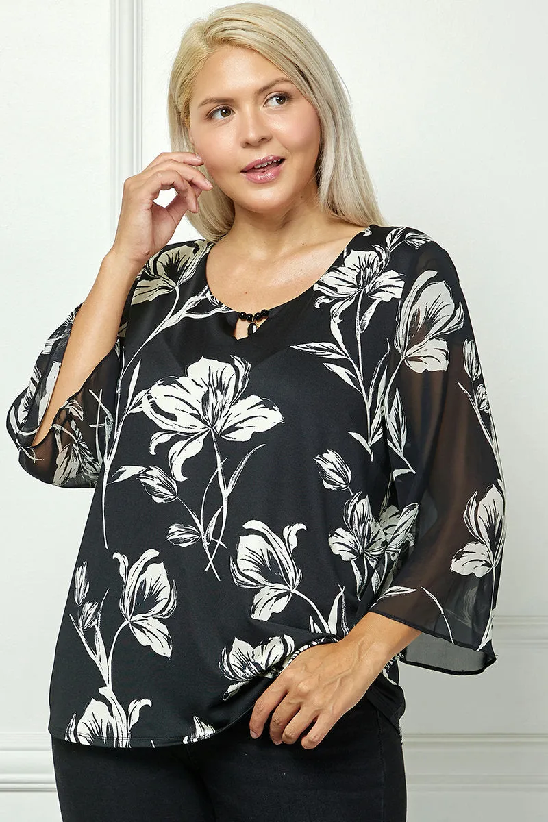 3/4 Flare Sleeve Cutout Trim Front Neck Swing Blouse in Black - Plus sold by Dress Barn product image thumbnail 2