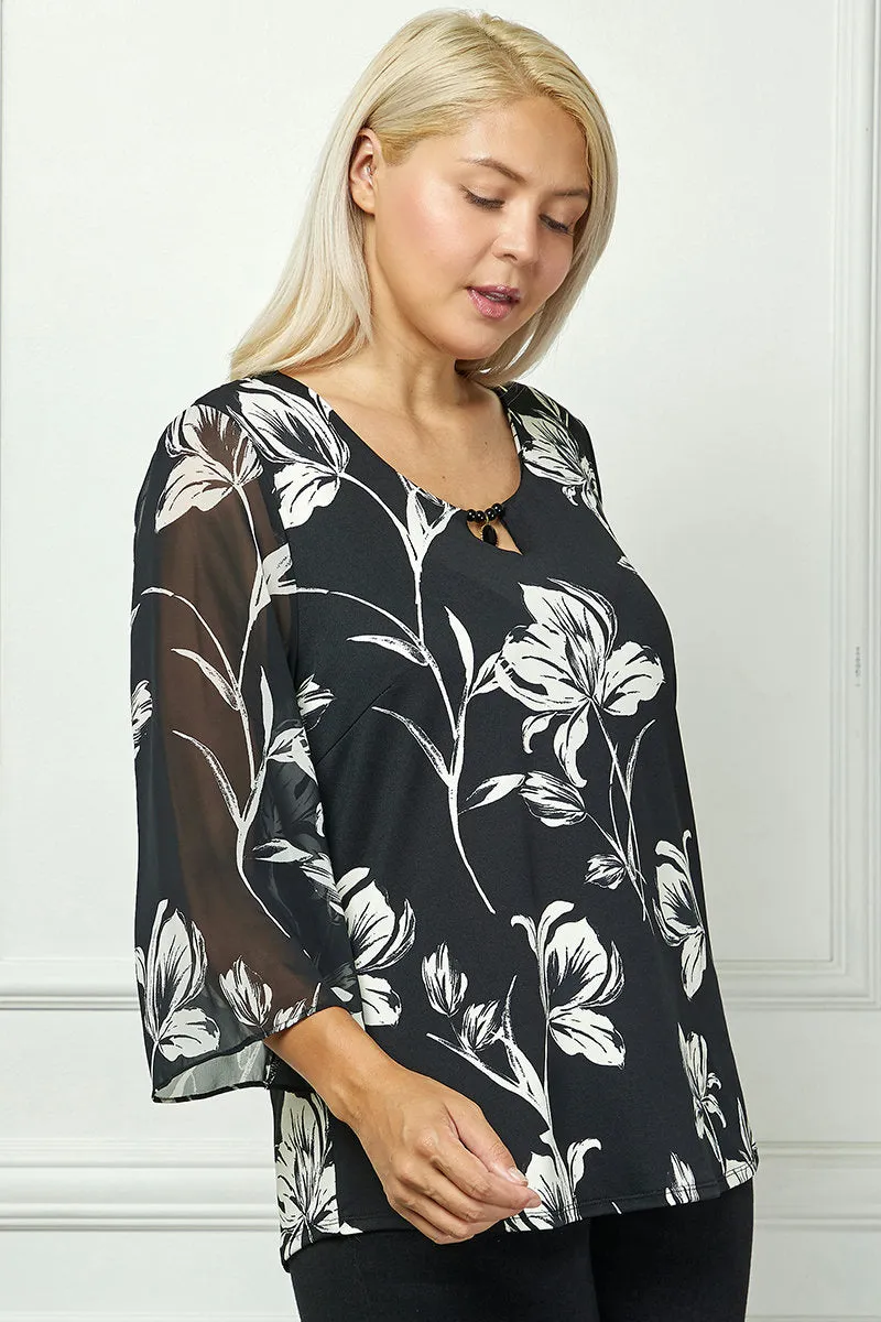 3/4 Flare Sleeve Cutout Trim Front Neck Swing Blouse in Black - Plus sold by Dress Barn product image thumbnail 3