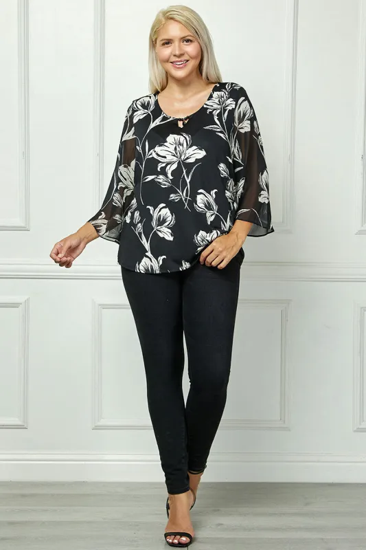 3/4 Flare Sleeve Cutout Trim Front Neck Swing Blouse in Black - Plus sold by Dress Barn
