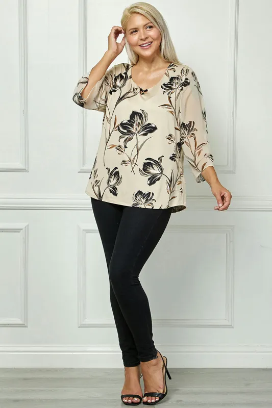 3/4 Flare Sleeve Cutout Trim Front Neck Swing Blouse in Beige - Plus sold by Dress Barn