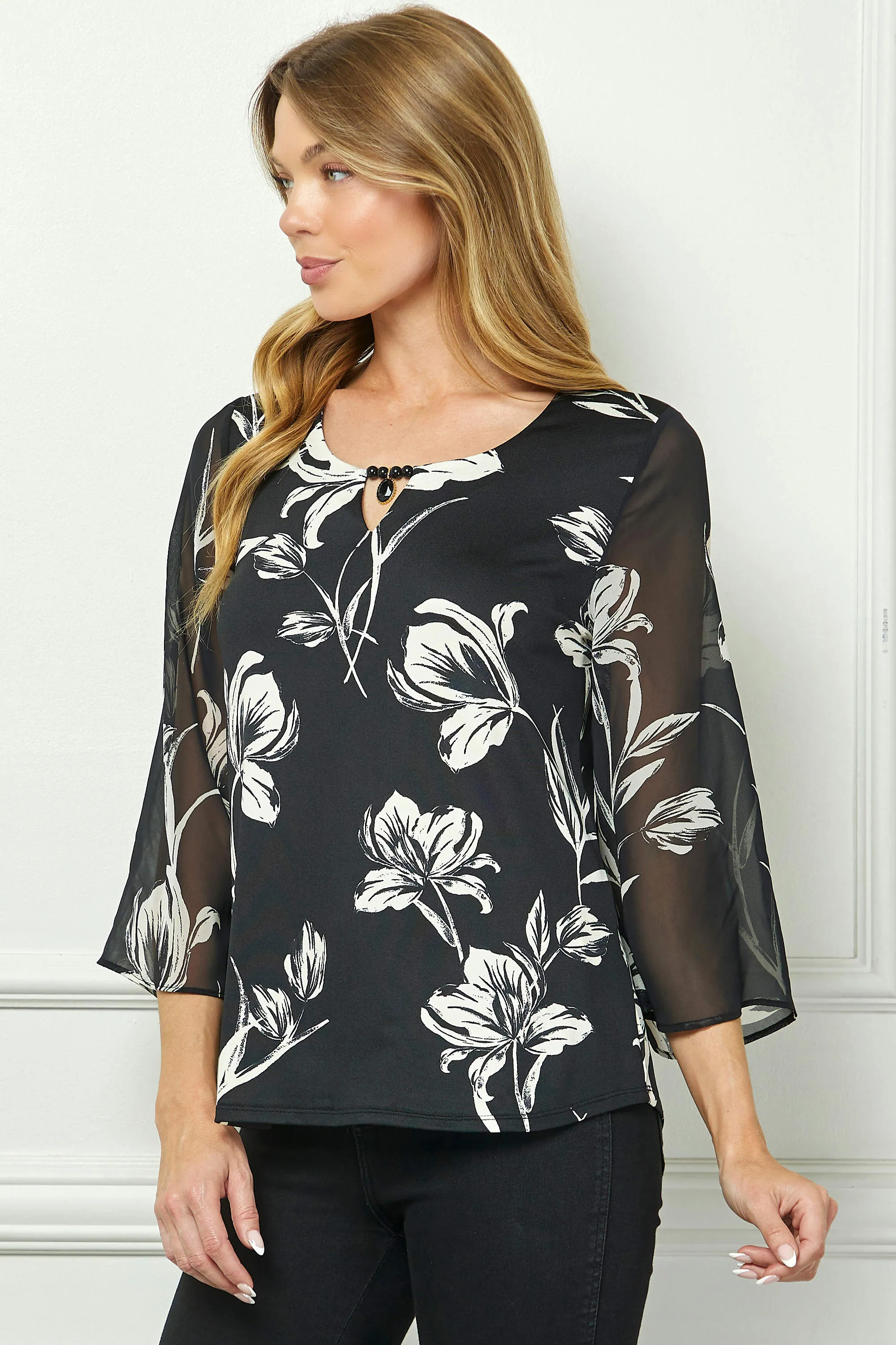 3/4 Flare Sleeve Cutout Trim Front Neck Swing Blouse in Black sold by Dress Barn product image thumbnail 3