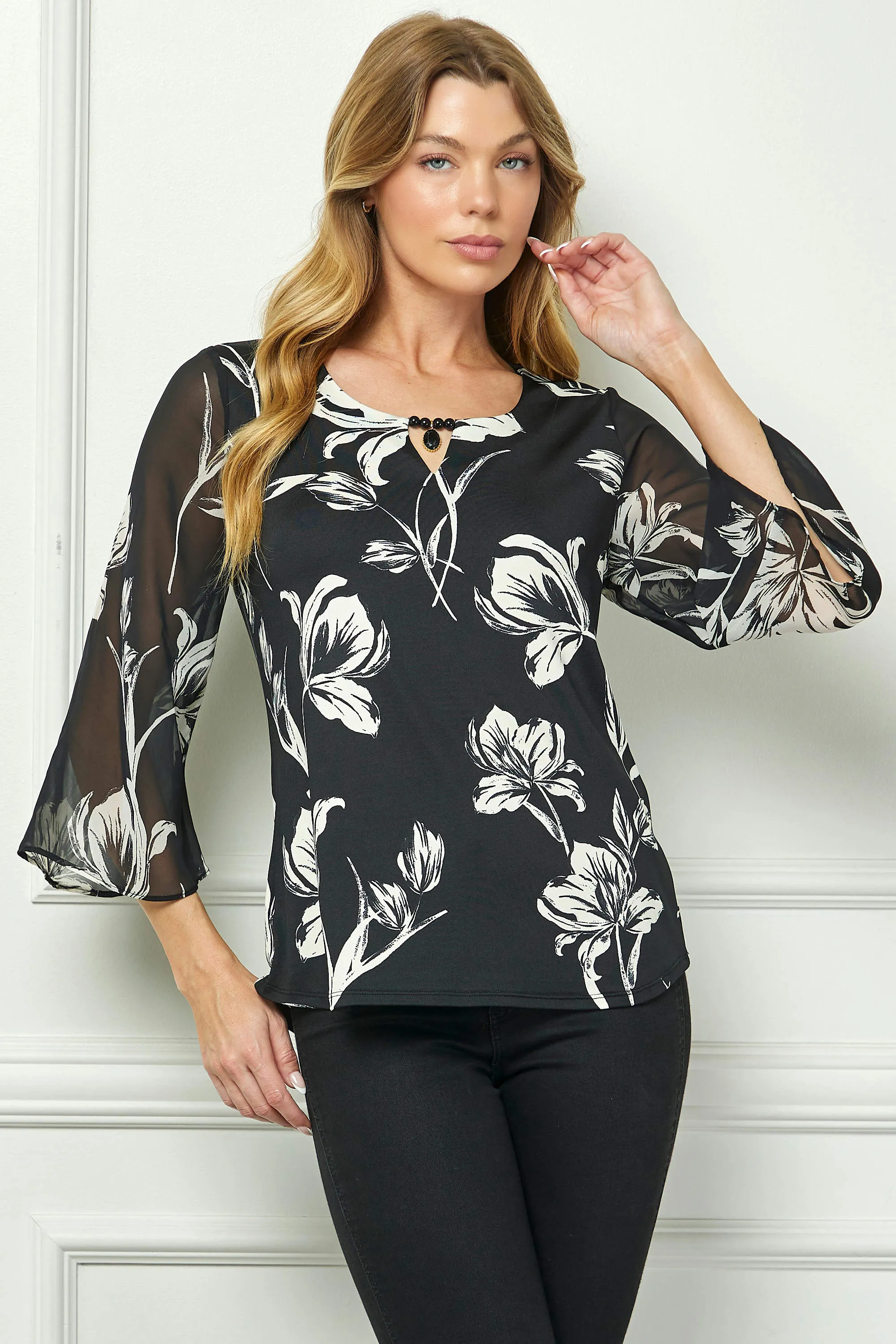 3/4 Flare Sleeve Cutout Trim Front Neck Swing Blouse in Black sold by Dress Barn product image thumbnail 2