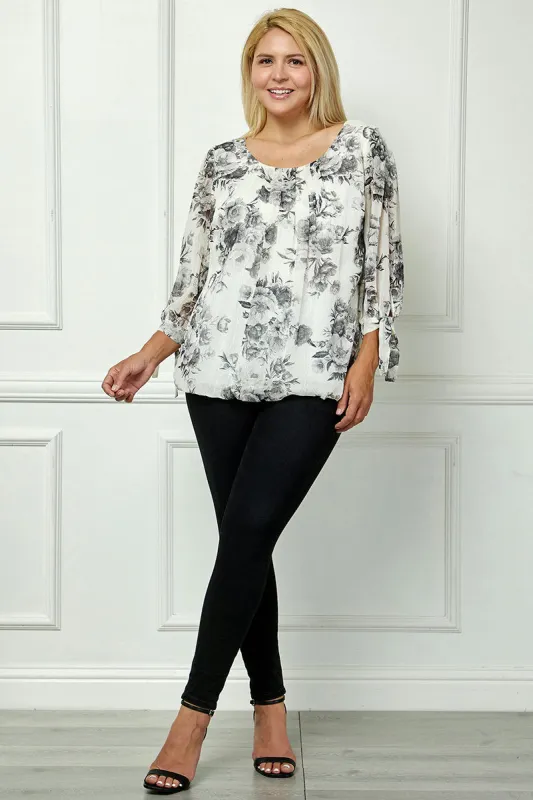 Bubble Hem 3/4 Tie Sleeve Blouse - Black/White - Plus sold by Dress Barn