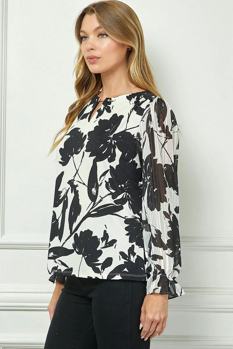 Long Ruffle Sleeve Cutout Trim Front Neck Mix Media Blouse sold by Dress Barn product image thumbnail 3