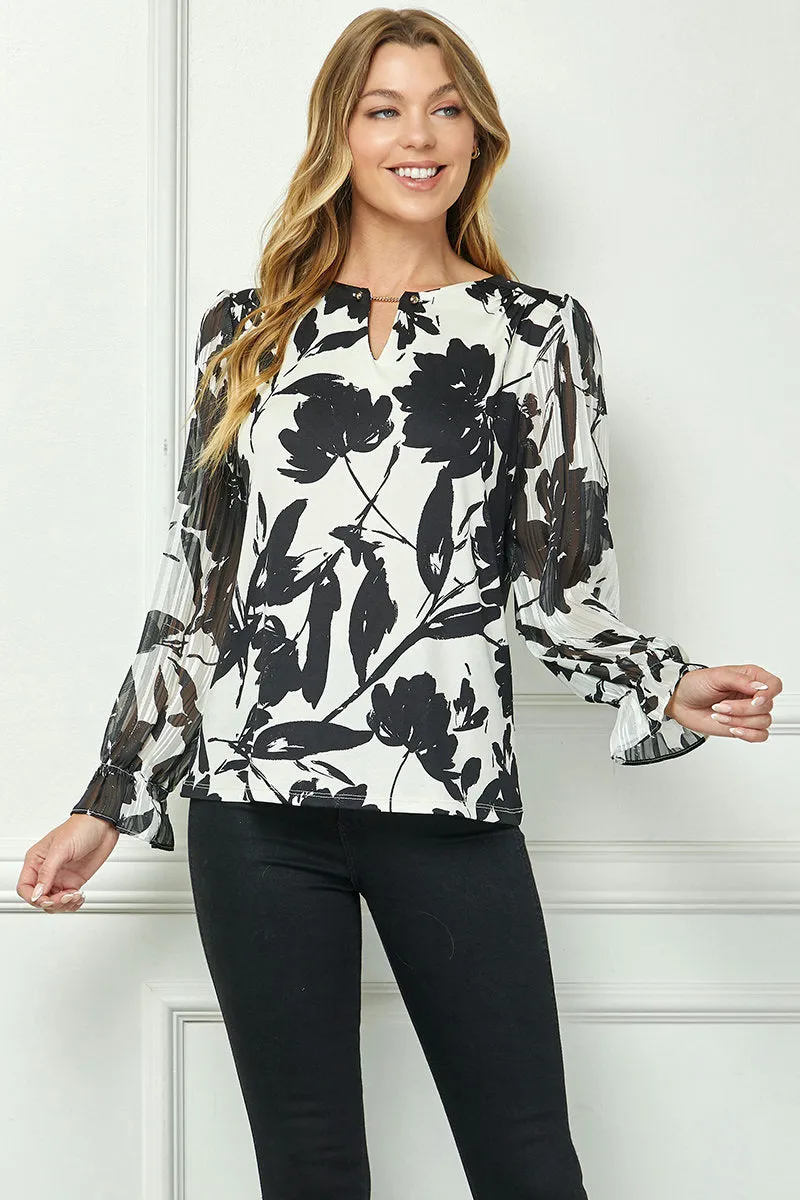 Long Ruffle Sleeve Cutout Trim Front Neck Mix Media Blouse sold by Dress Barn product image thumbnail 2