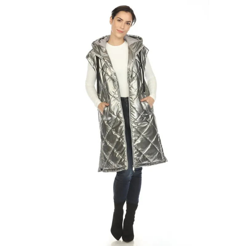 Women's Metallic Long Puffer Vest sold by Dress Barn