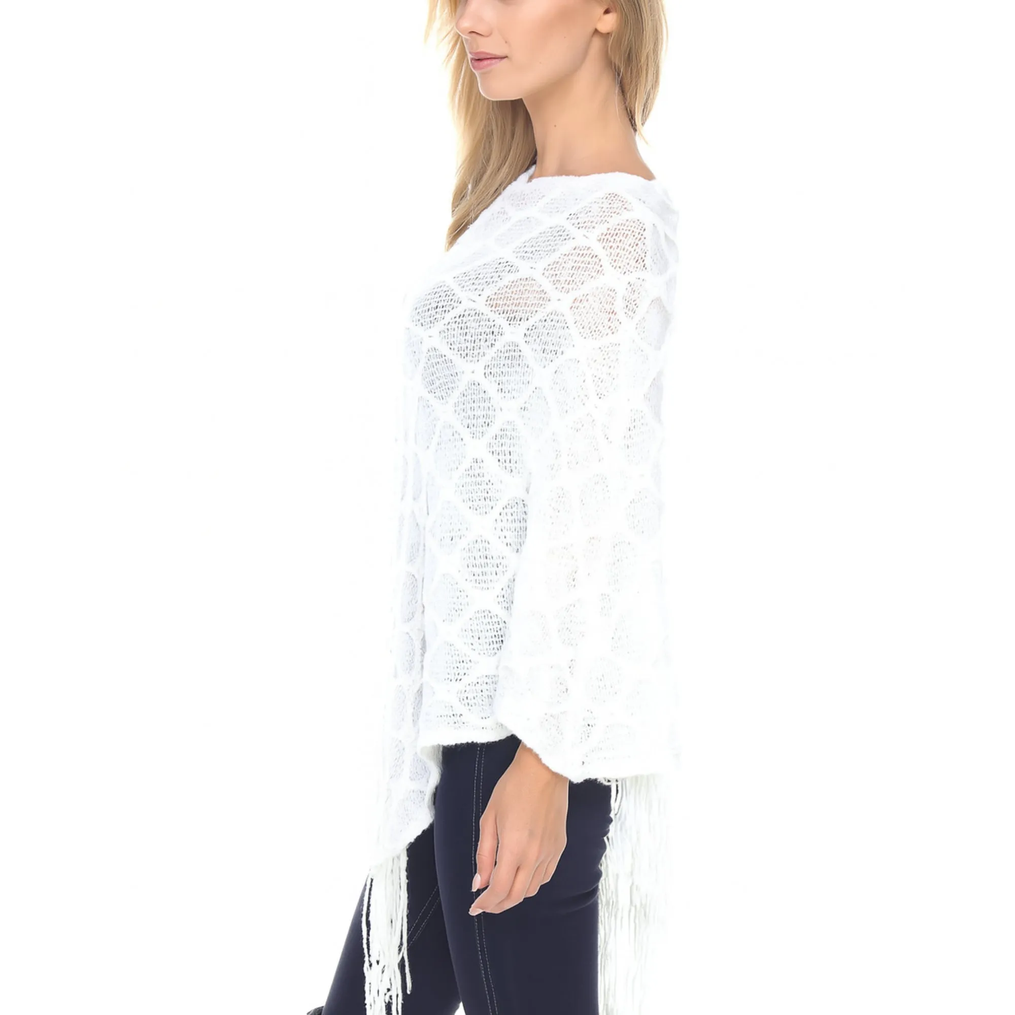 Women's Open Knit Fringe Poncho -White sold by Dress Barn product image thumbnail 2