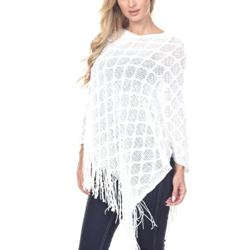 Women's Open Knit Fringe Poncho -White sold by Dress Barn