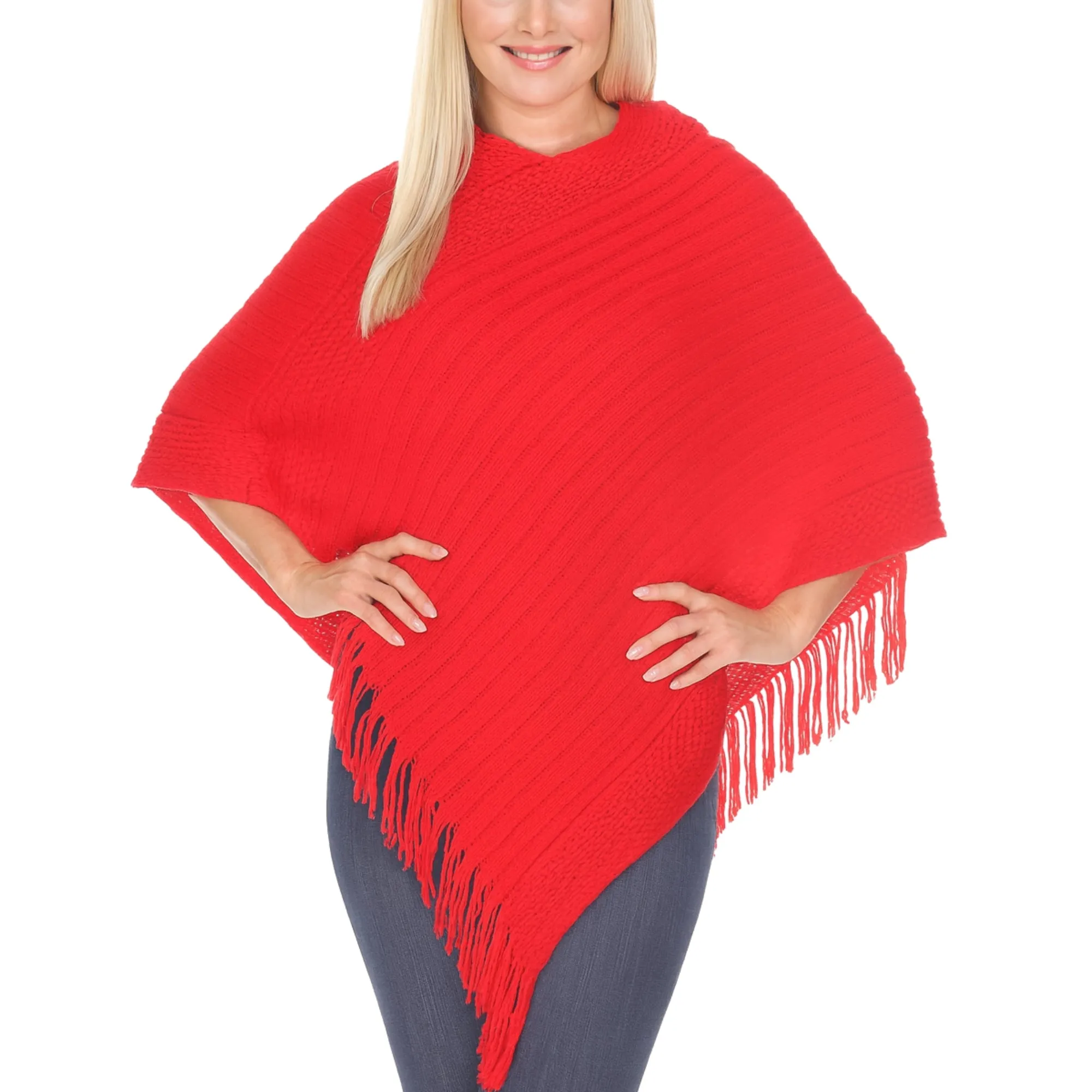 Women's Pullover Knit Poncho with Tassel Trim sold by Dress Barn