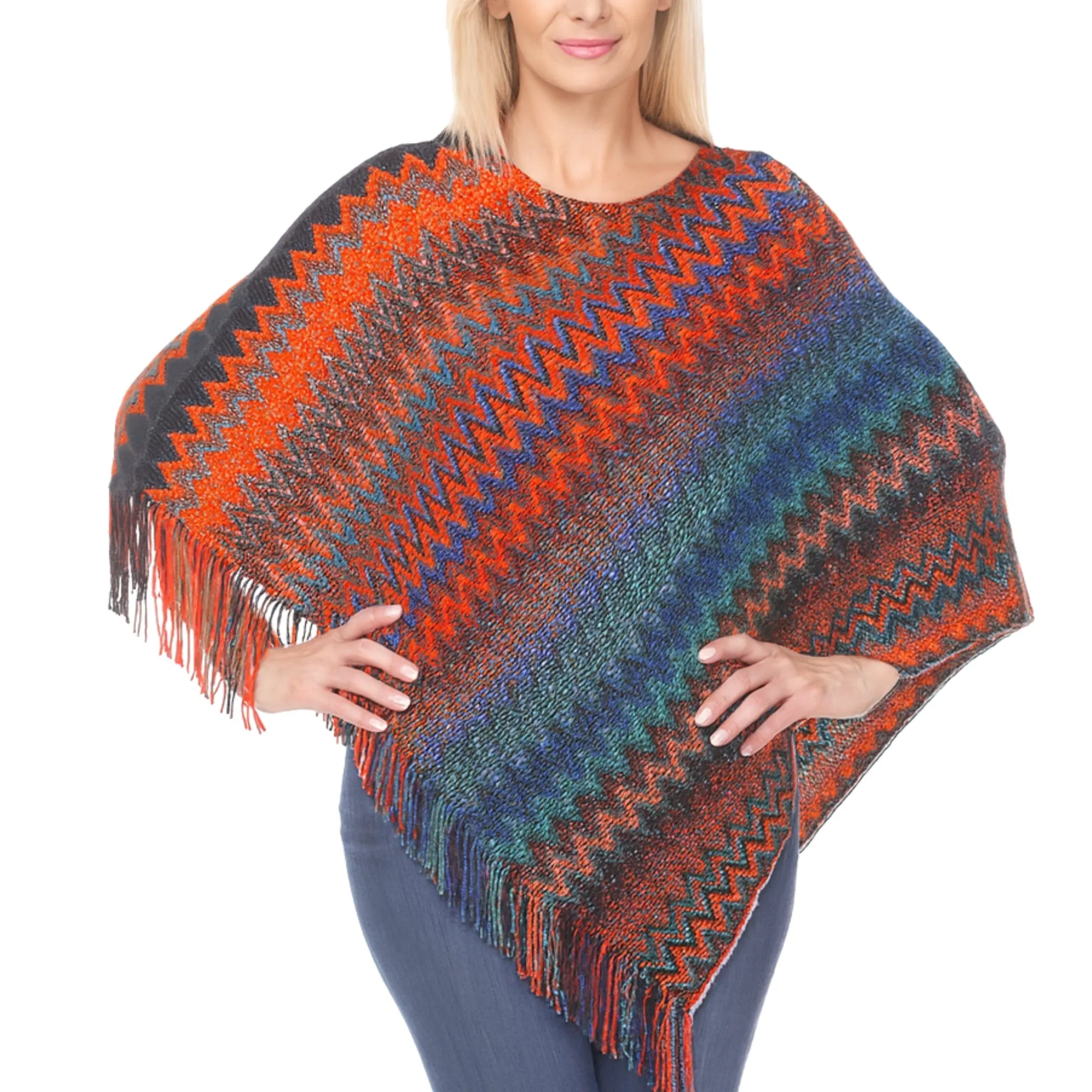Women's Chevron Knit Fringed Hem Poncho - Orange sold by Dress Barn