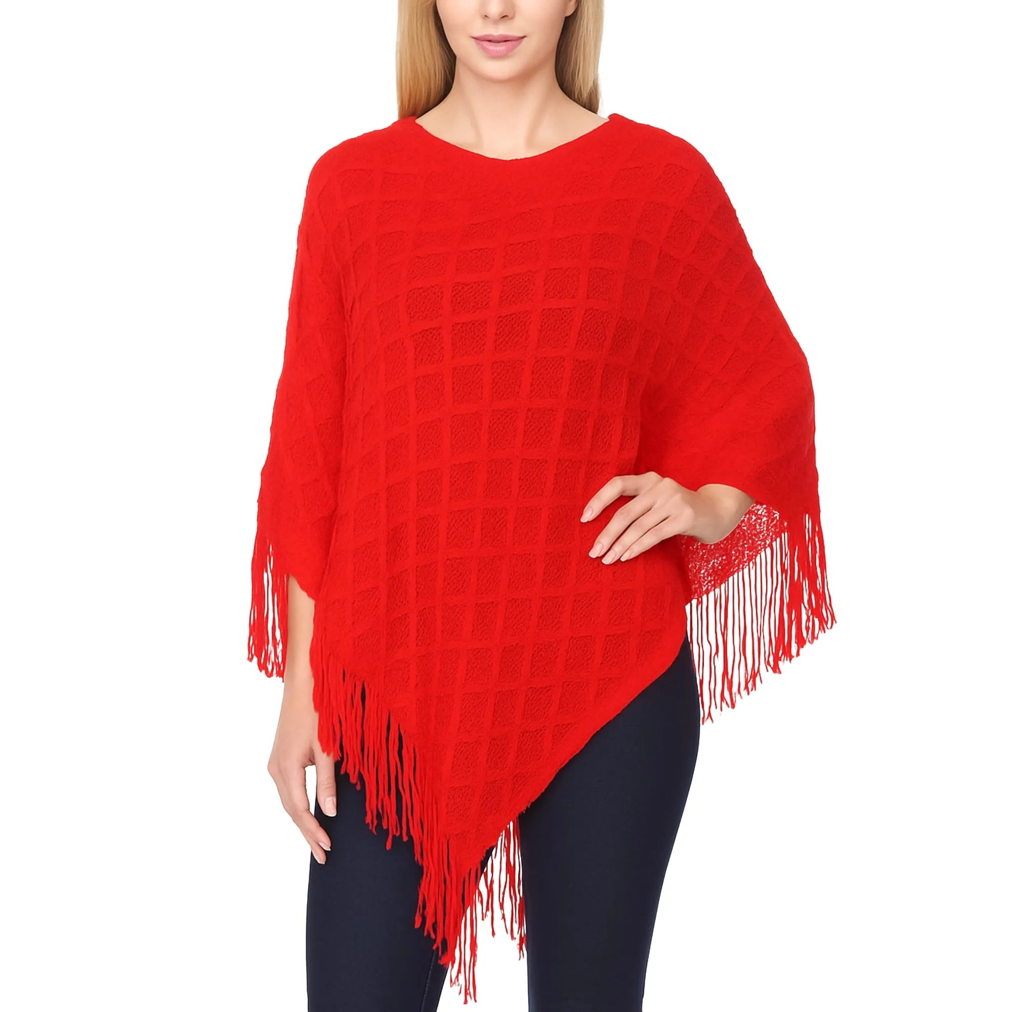 Women's Open Knit Fringe Poncho - Red sold by Dress Barn