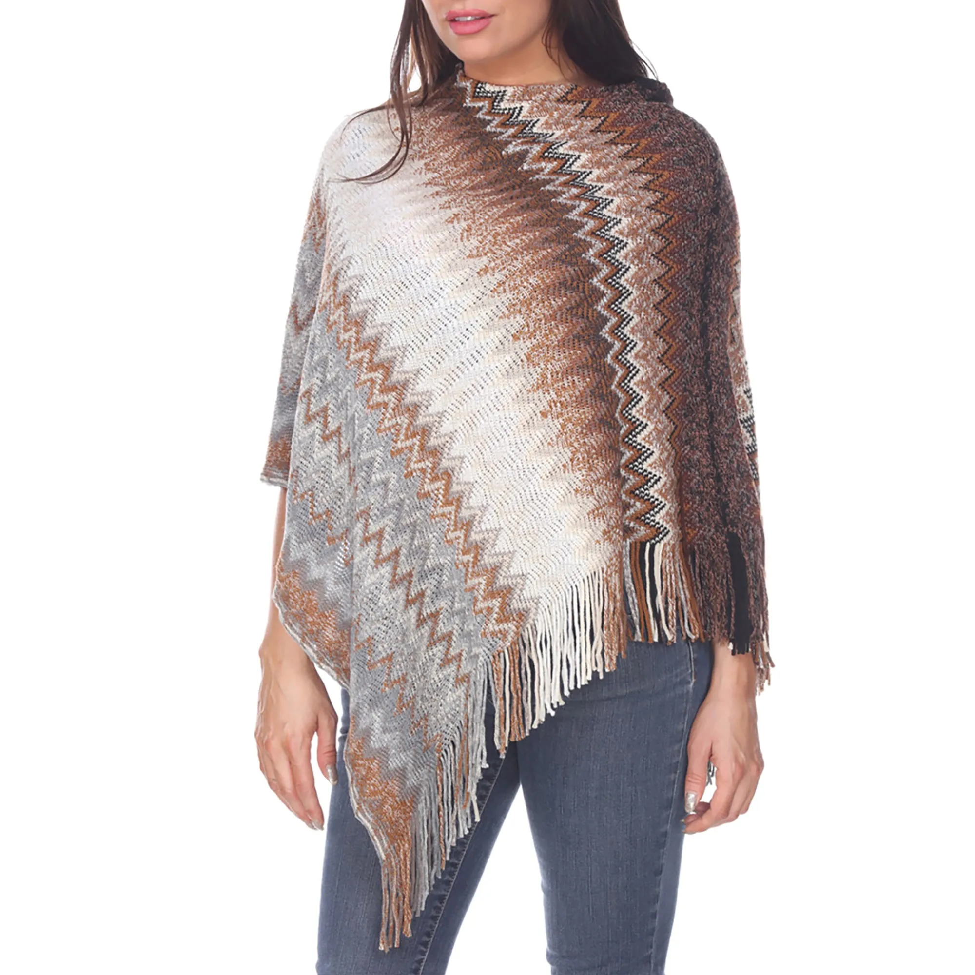 Women's Chevron Knit Fringed Hem Poncho - Brown sold by Dress Barn
