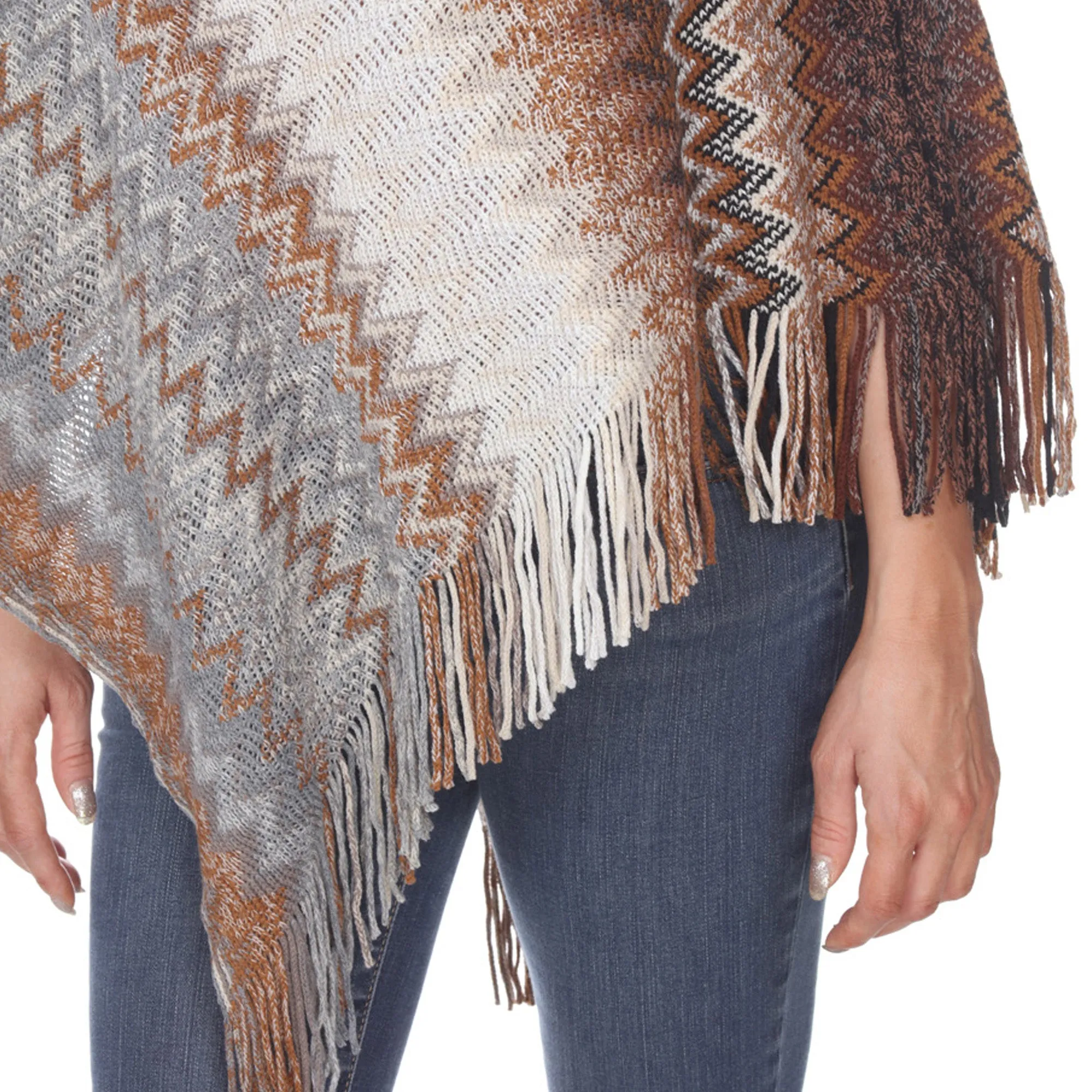Women's Chevron Knit Fringed Hem Poncho - Brown sold by Dress Barn product image thumbnail 3