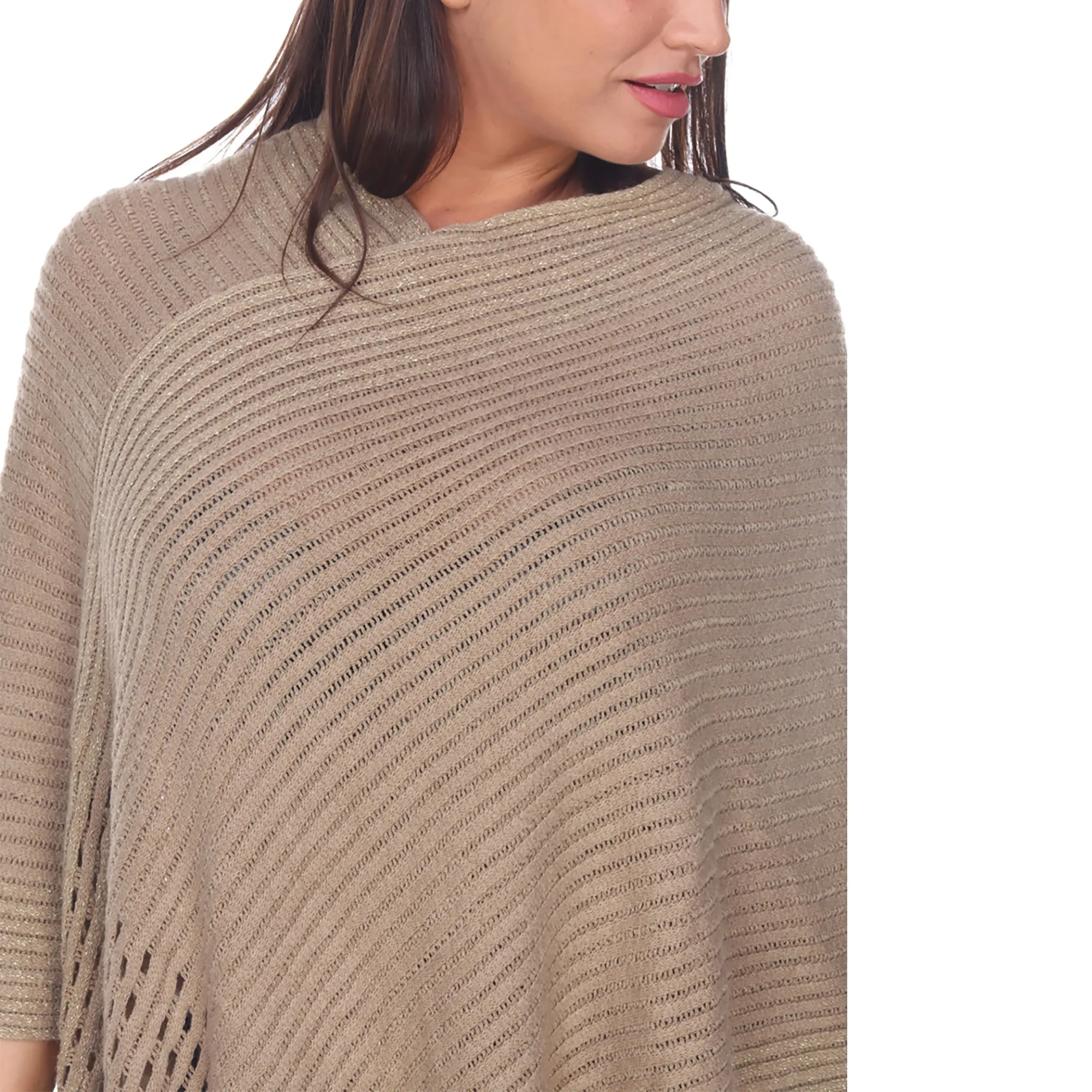 Women's Cable Knit Poncho with Fringe Trim - Brown sold by Dress Barn product image thumbnail 4