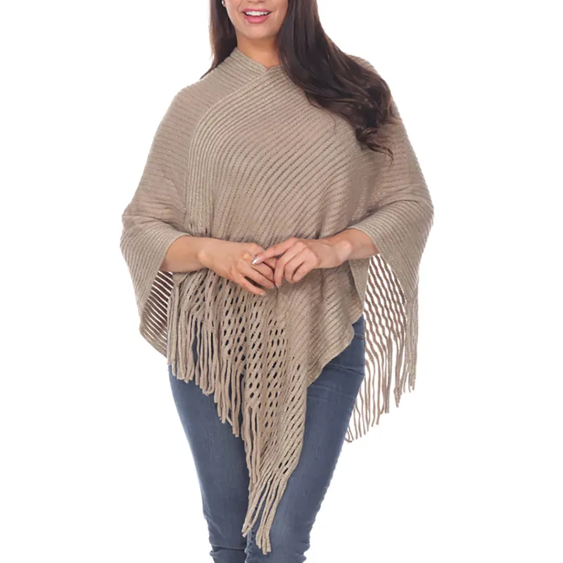 Women's Cable Knit Poncho with Fringe Trim - Brown sold by Dress Barn