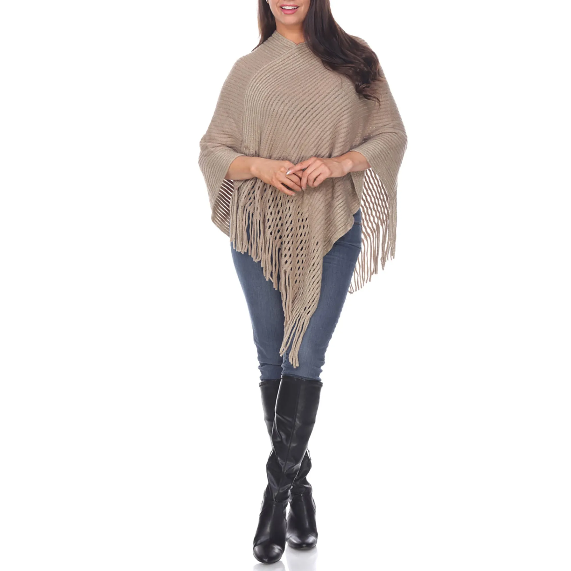 Women's Cable Knit Poncho with Fringe Trim - Brown sold by Dress Barn product image thumbnail 5