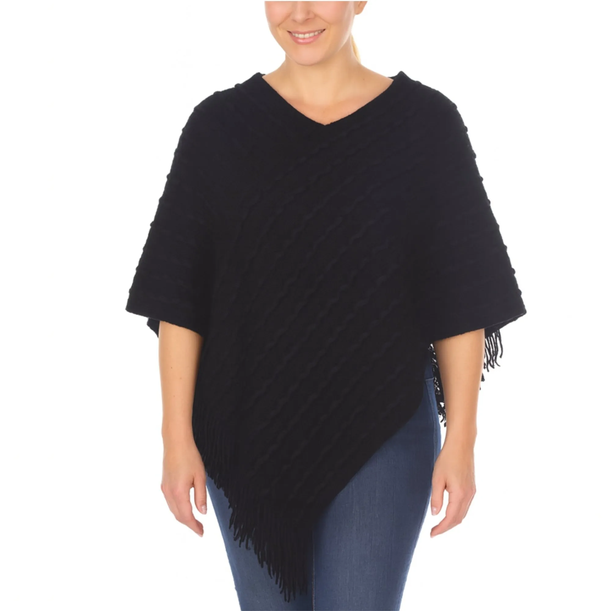 Women's Lightweight Textured Knit Poncho - Black sold by Dress Barn
